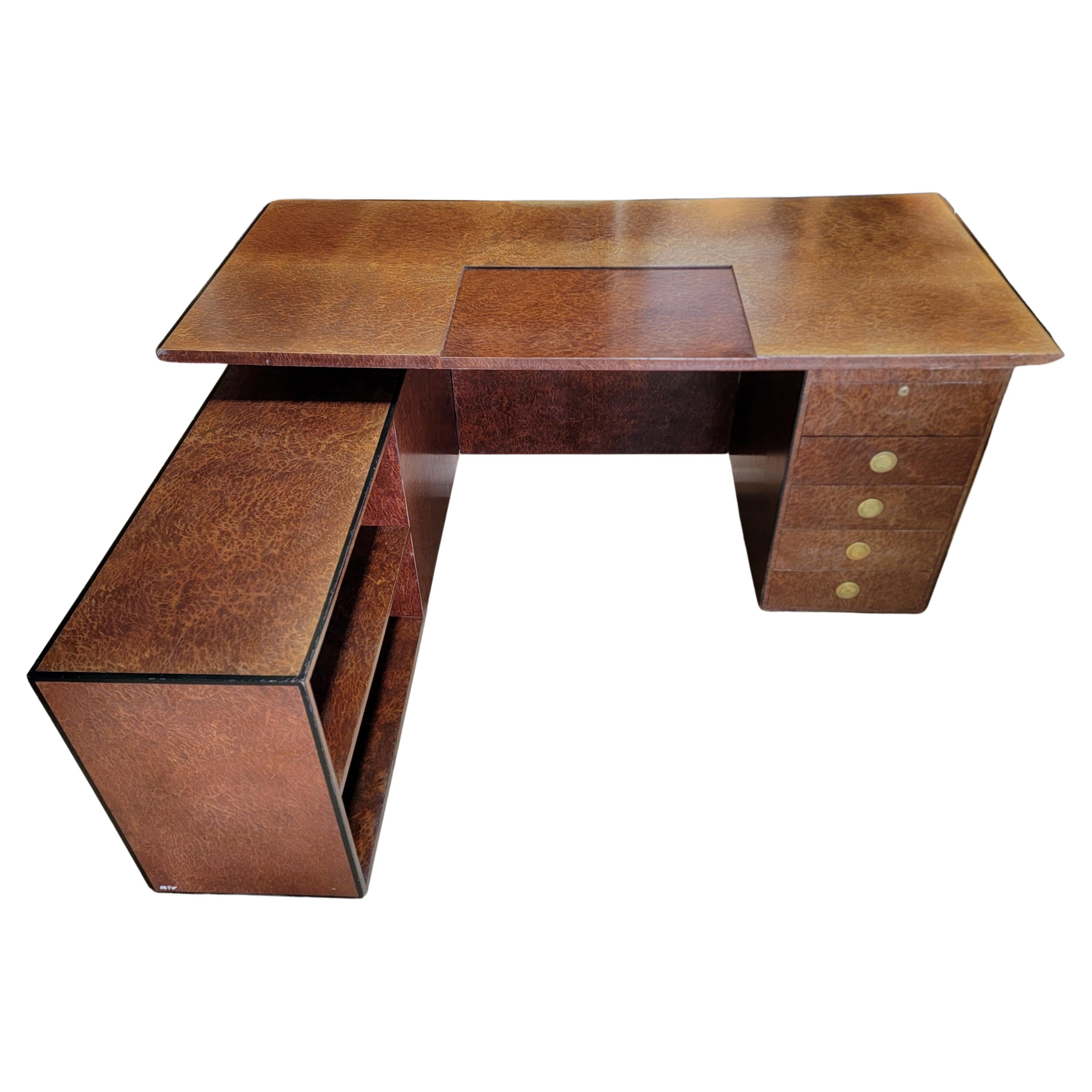 Willy Rizzo L Shaped Burl Wood Executive Desk For Sale