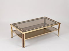 Willy Rizzo Large Coffee Table in Brass, Burl, Smoked Glass, Italy, 1970s