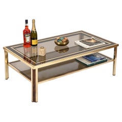 Willy Rizzo Large Coffee Table in Brass, Burl, Smoked Glass, Italy, 1970s