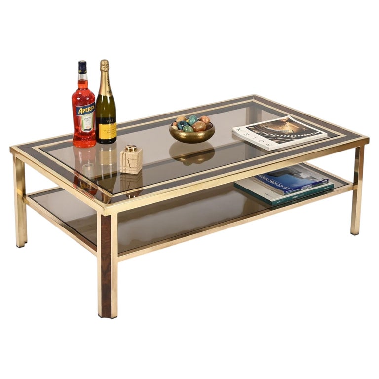 Willy Rizzo Large Coffee Table in Brass, Burl, Smoked Glass, Italy, 1970s