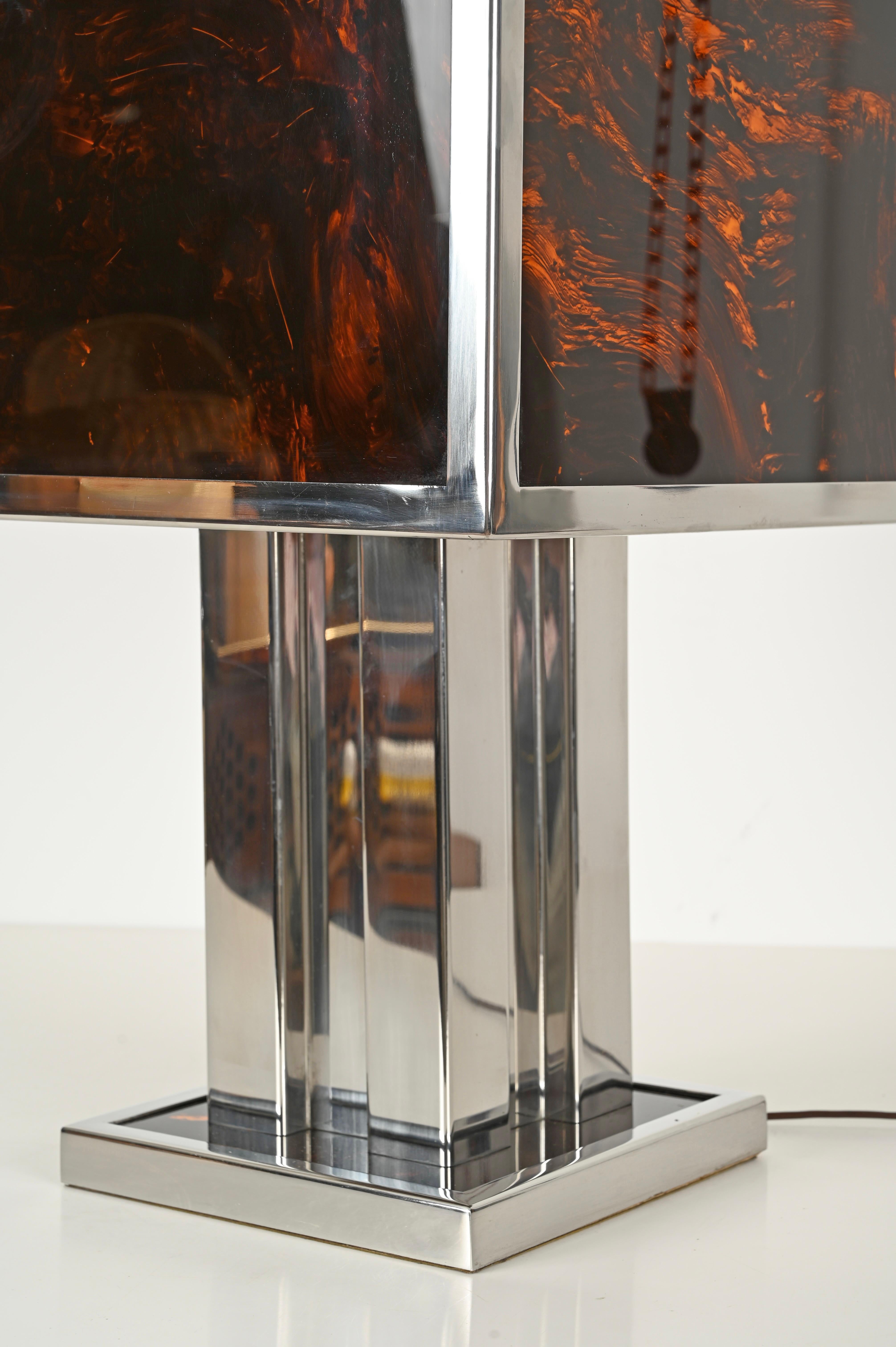 Willy Rizzo Large Table Lamp in Tortoiseshell Lucite and Chrome, Italy 1970s For Sale 7