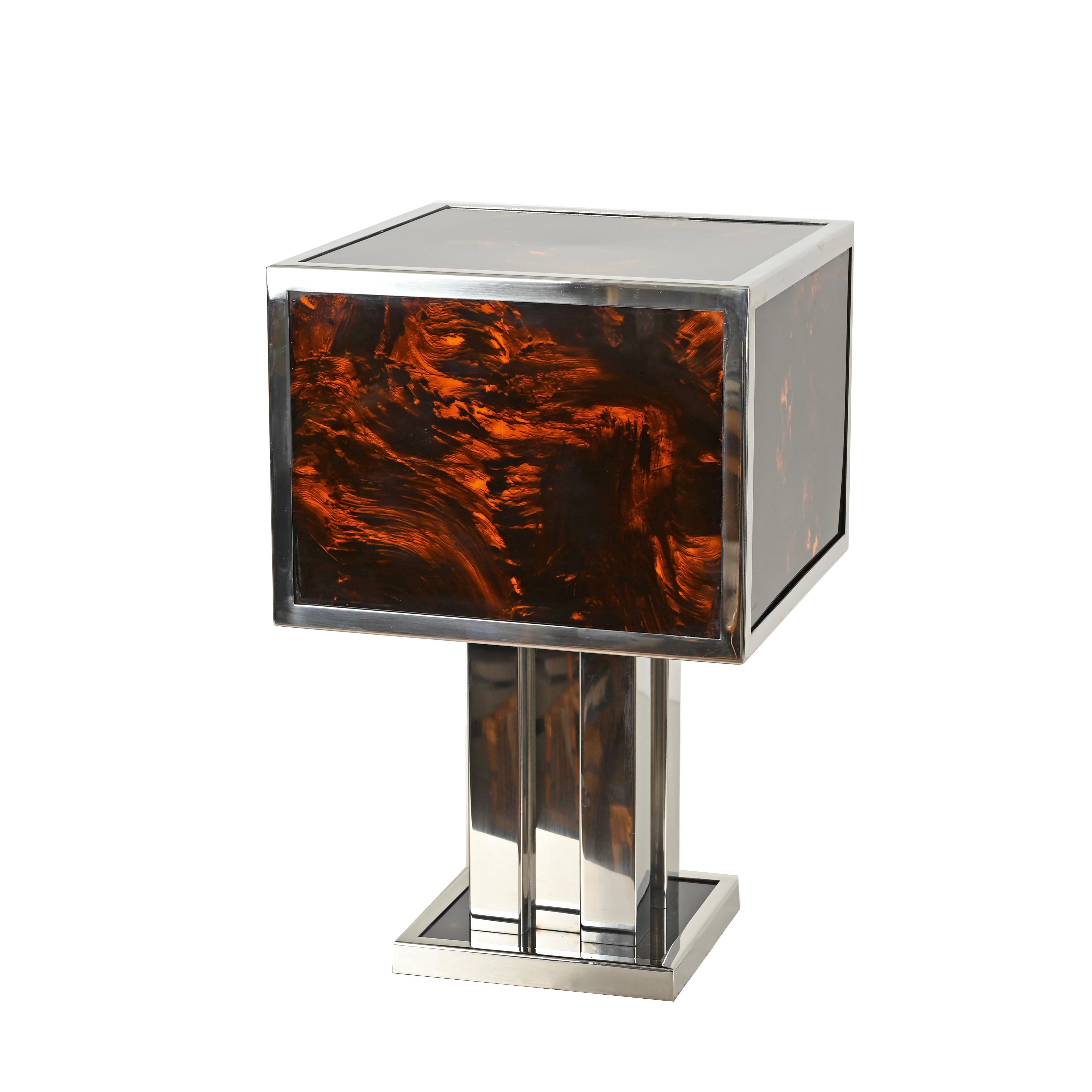 Willy Rizzo Large Table Lamp in Tortoiseshell Lucite and Chrome, Italy 1970s For Sale 8