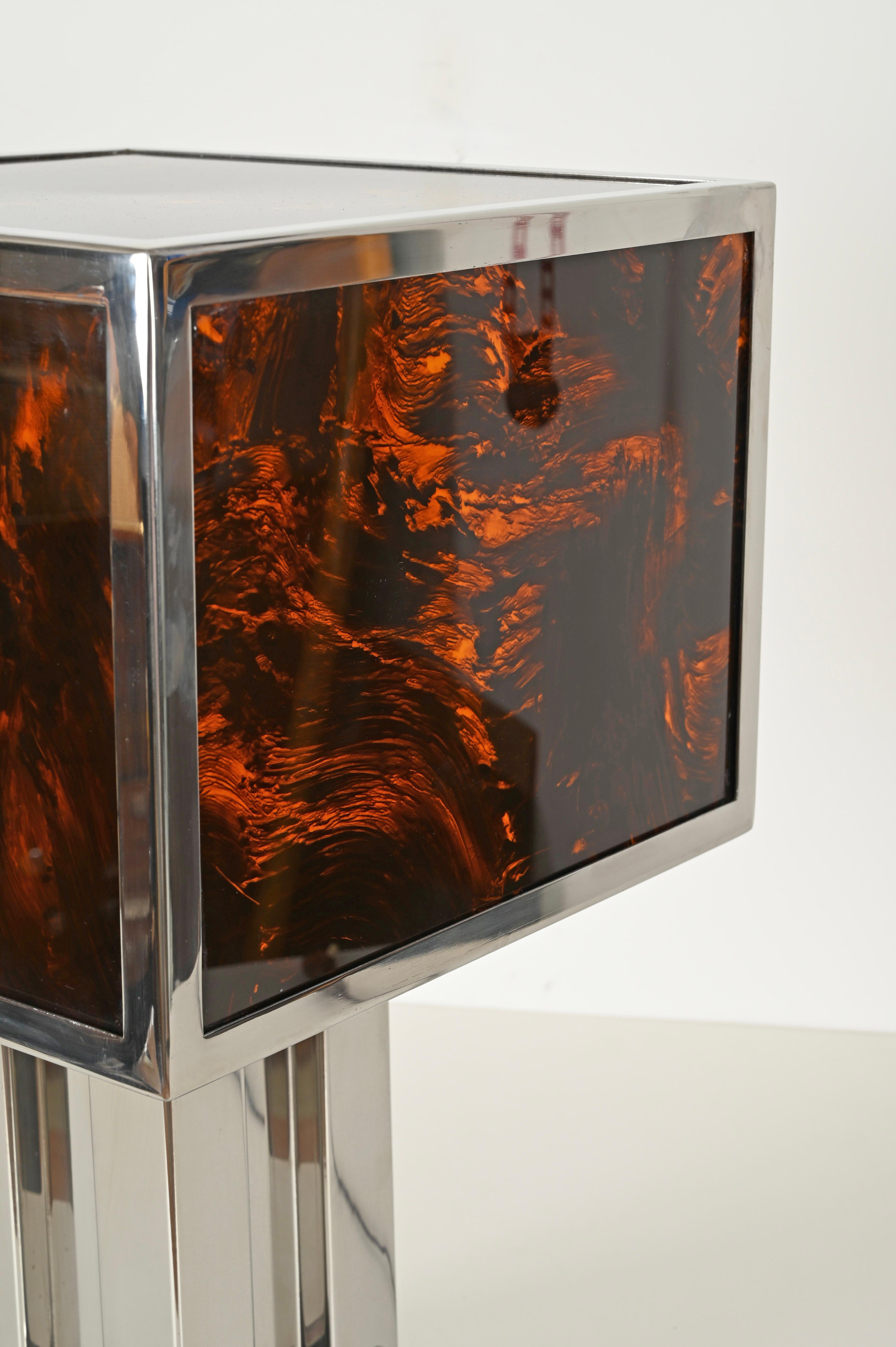 Italian Willy Rizzo Large Table Lamp in Tortoiseshell Lucite and Chrome, Italy 1970s For Sale