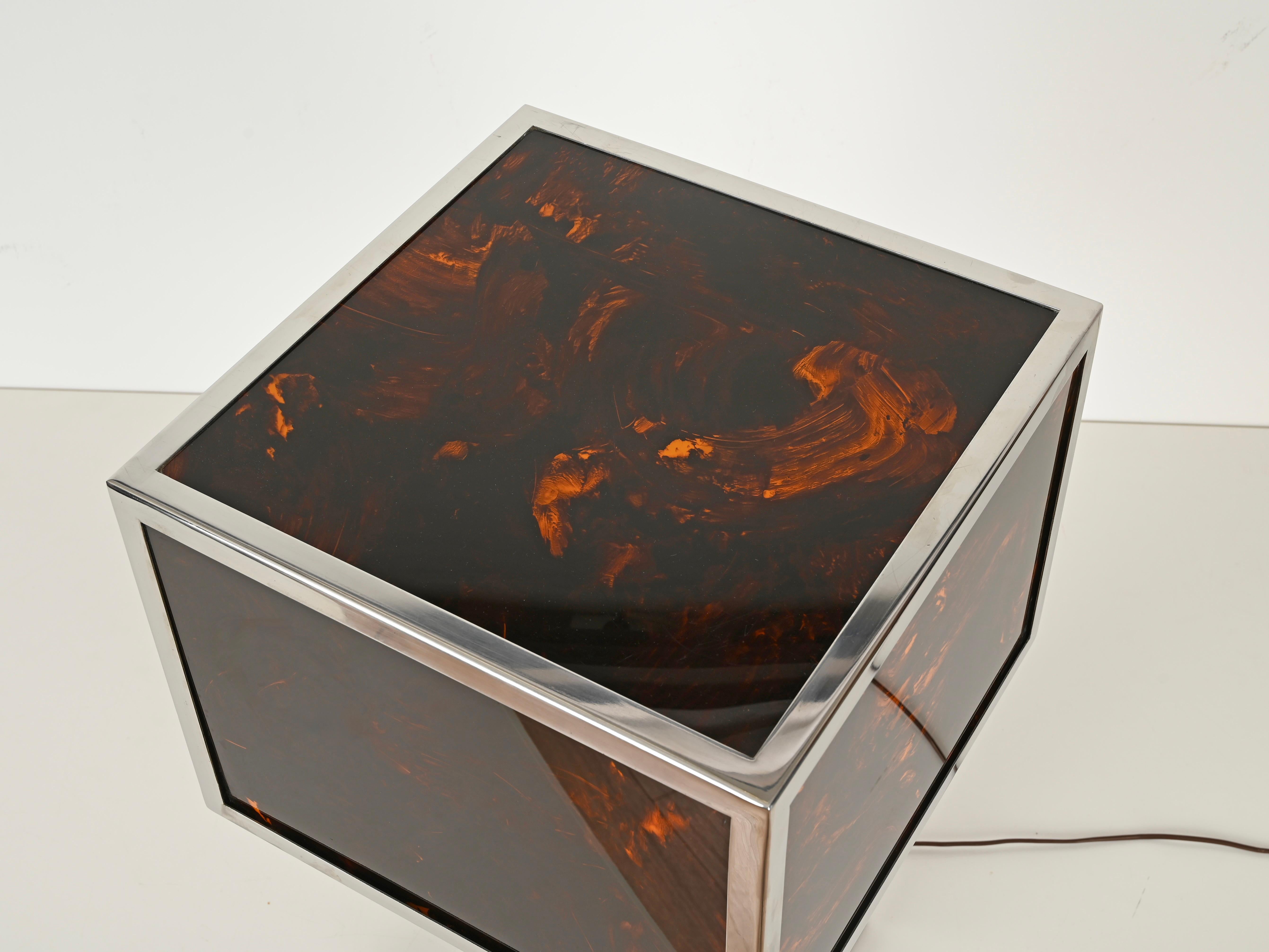 20th Century Willy Rizzo Large Table Lamp in Tortoiseshell Lucite and Chrome, Italy 1970s For Sale