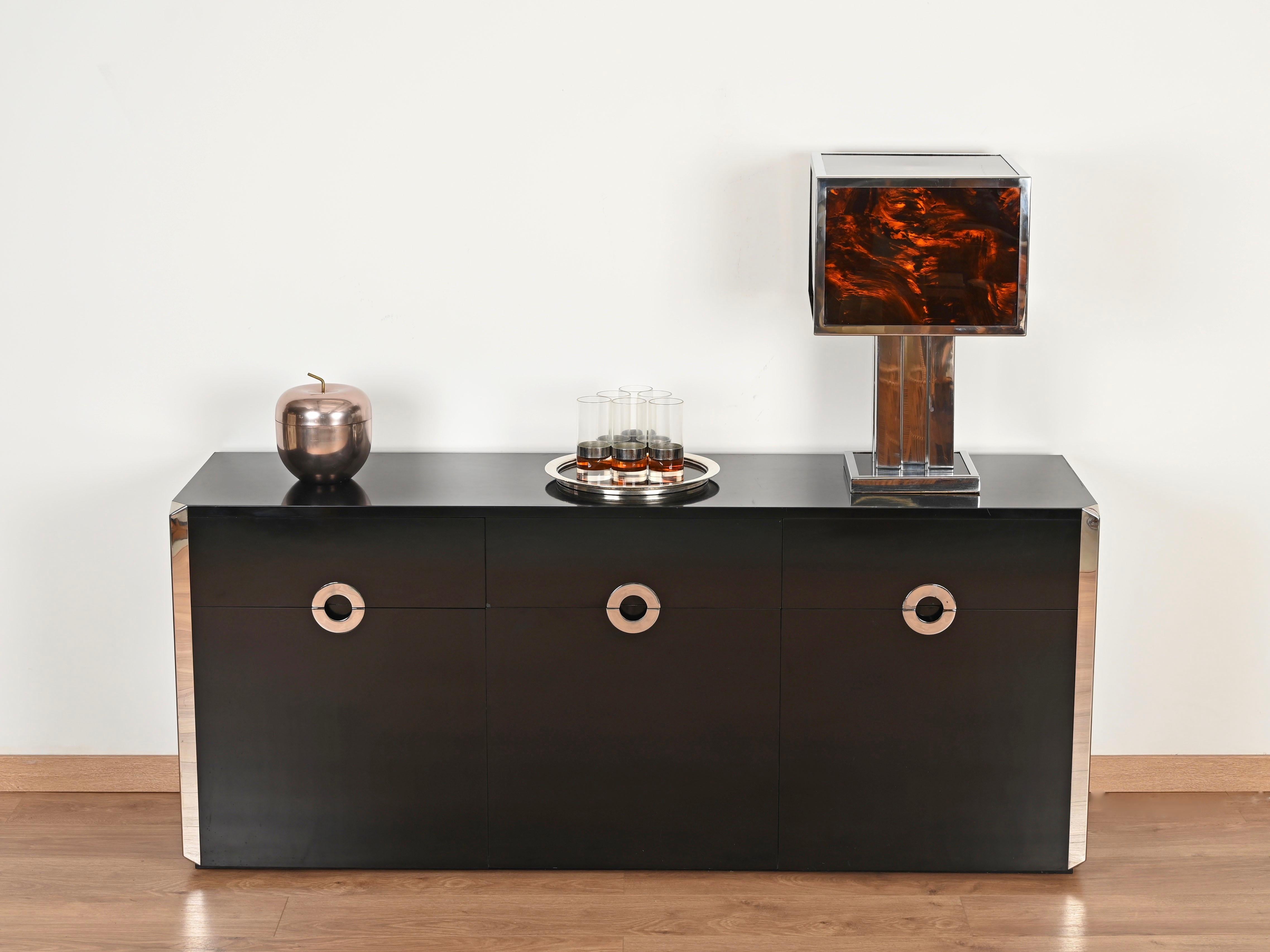 Metal Willy Rizzo Large Table Lamp in Tortoiseshell Lucite and Chrome, Italy 1970s For Sale