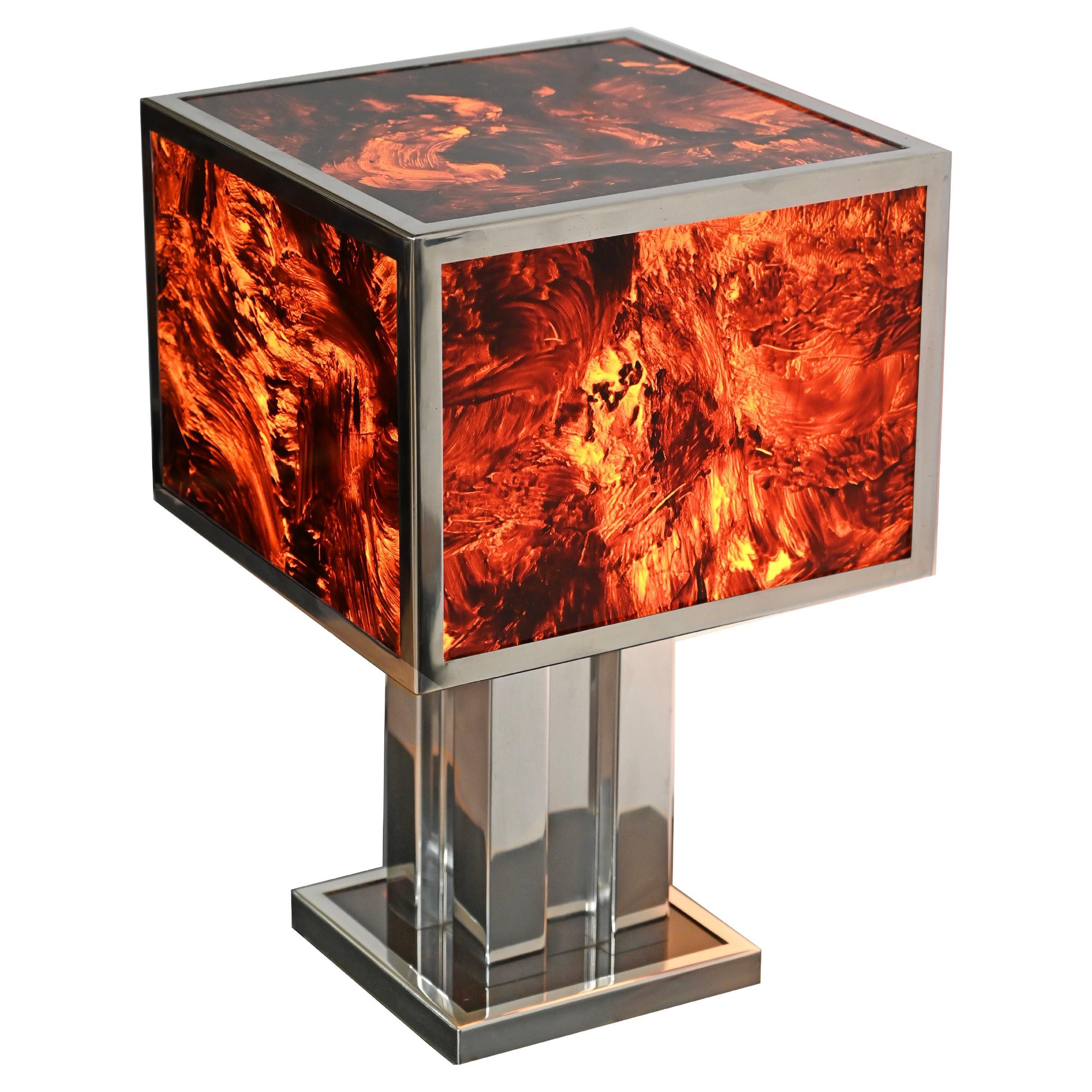 Willy Rizzo Large Table Lamp in Tortoiseshell Lucite and Chrome, Italy 1970s For Sale