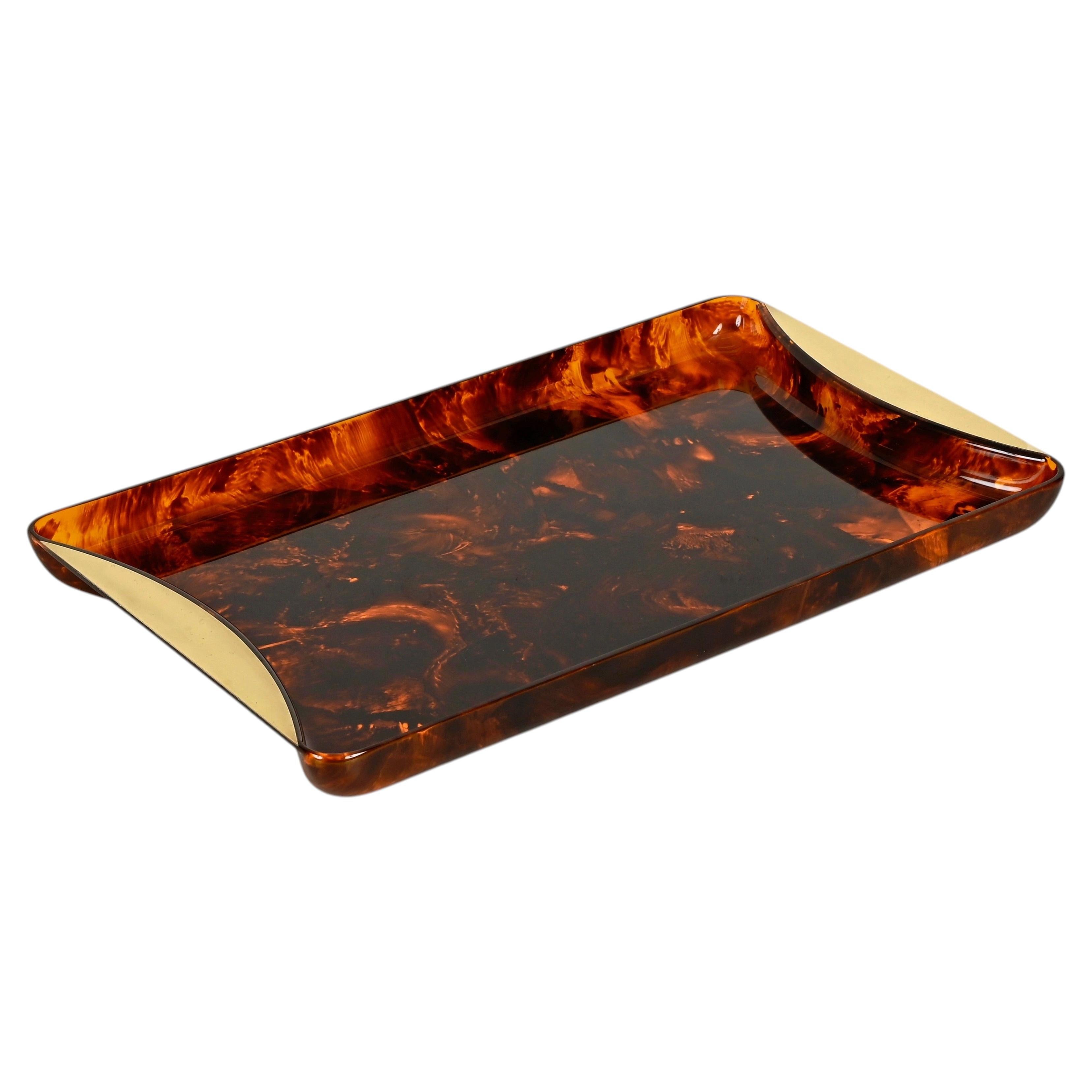 Willy Rizzo Large Tortoiseshell Effect Lucite and Brass Serving Tray, Italy 1970