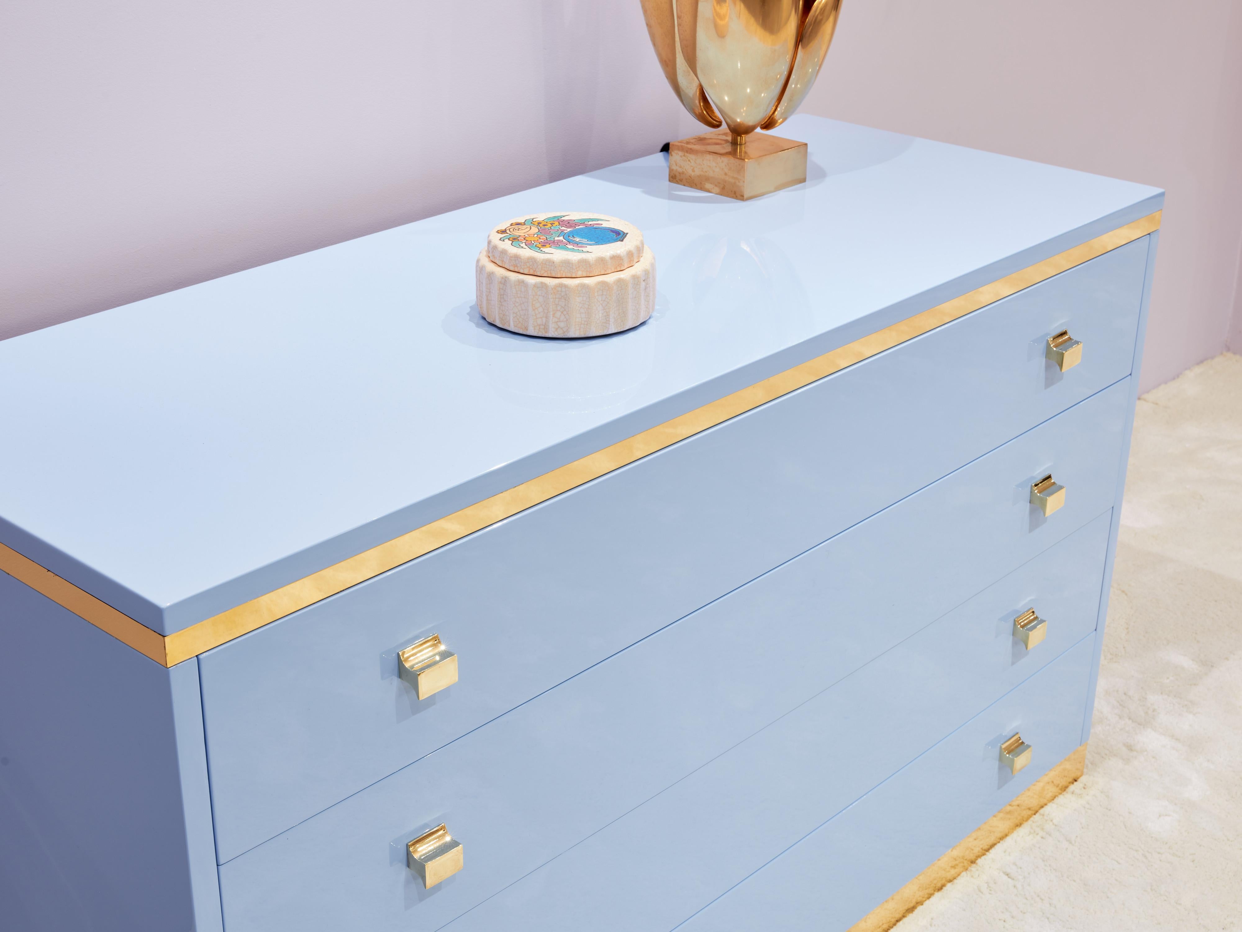 Willy Rizzo light blue lacquered and brass commode 1970s For Sale 3
