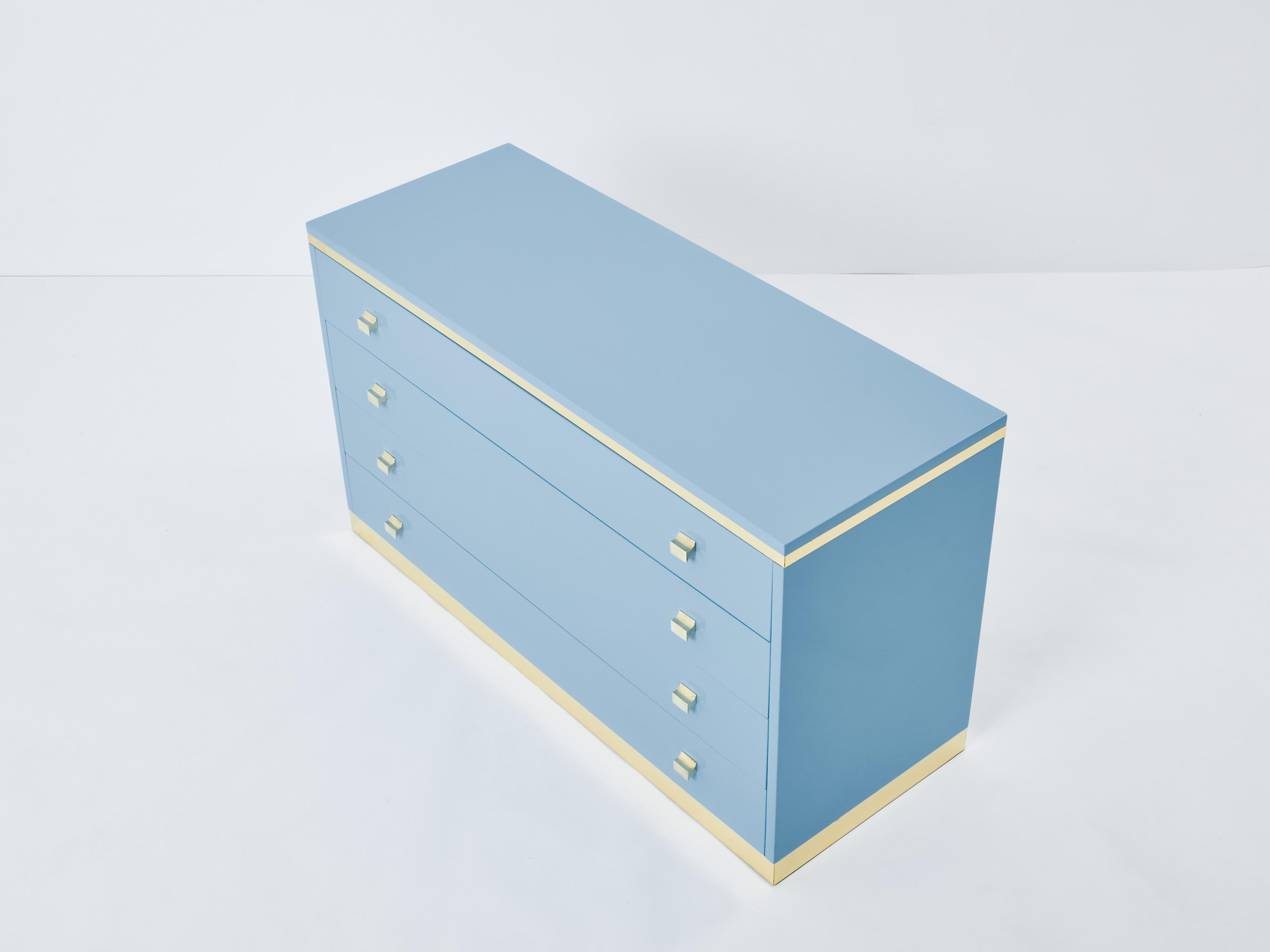 Willy Rizzo light blue lacquered and brass commode 1970s In Good Condition For Sale In Paris, IDF