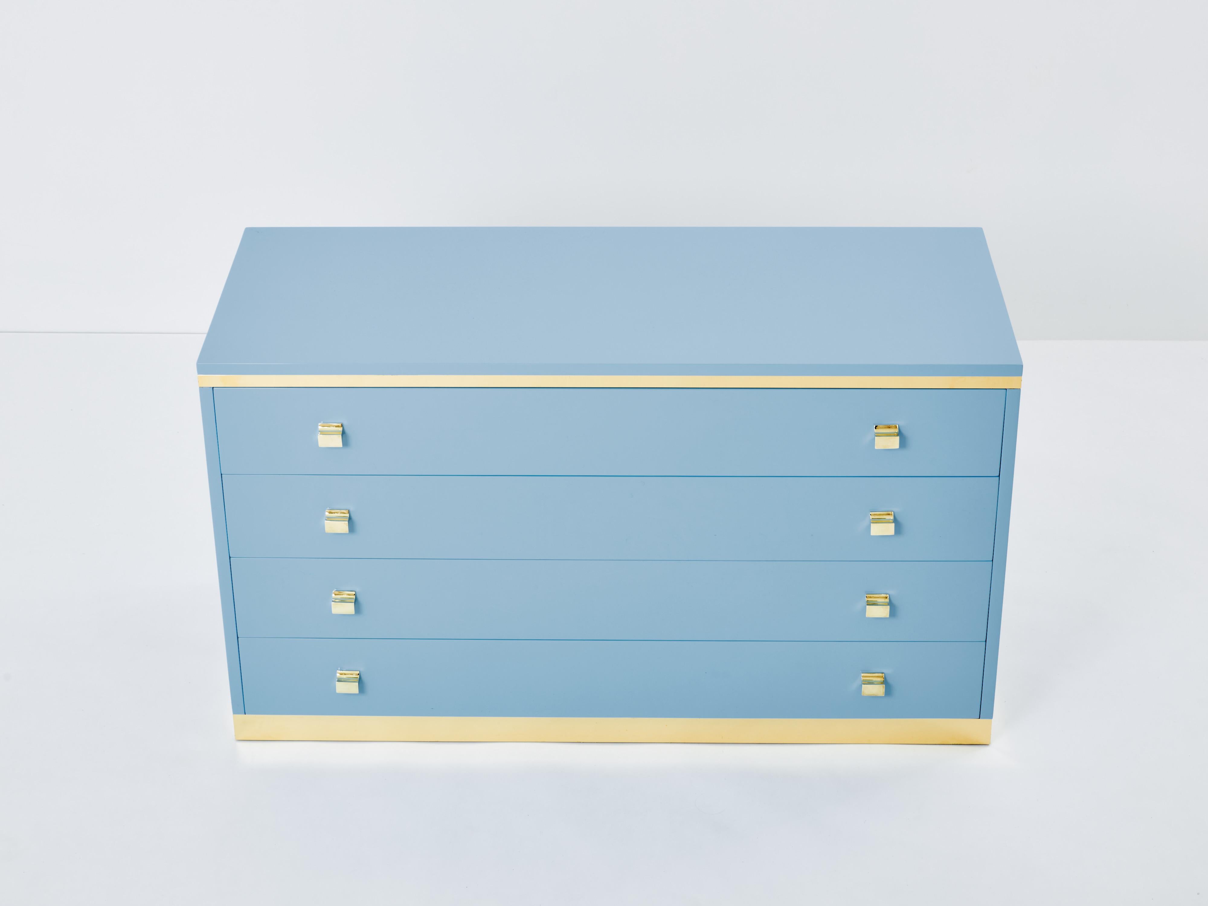 20th Century Willy Rizzo light blue lacquered and brass commode 1970s For Sale