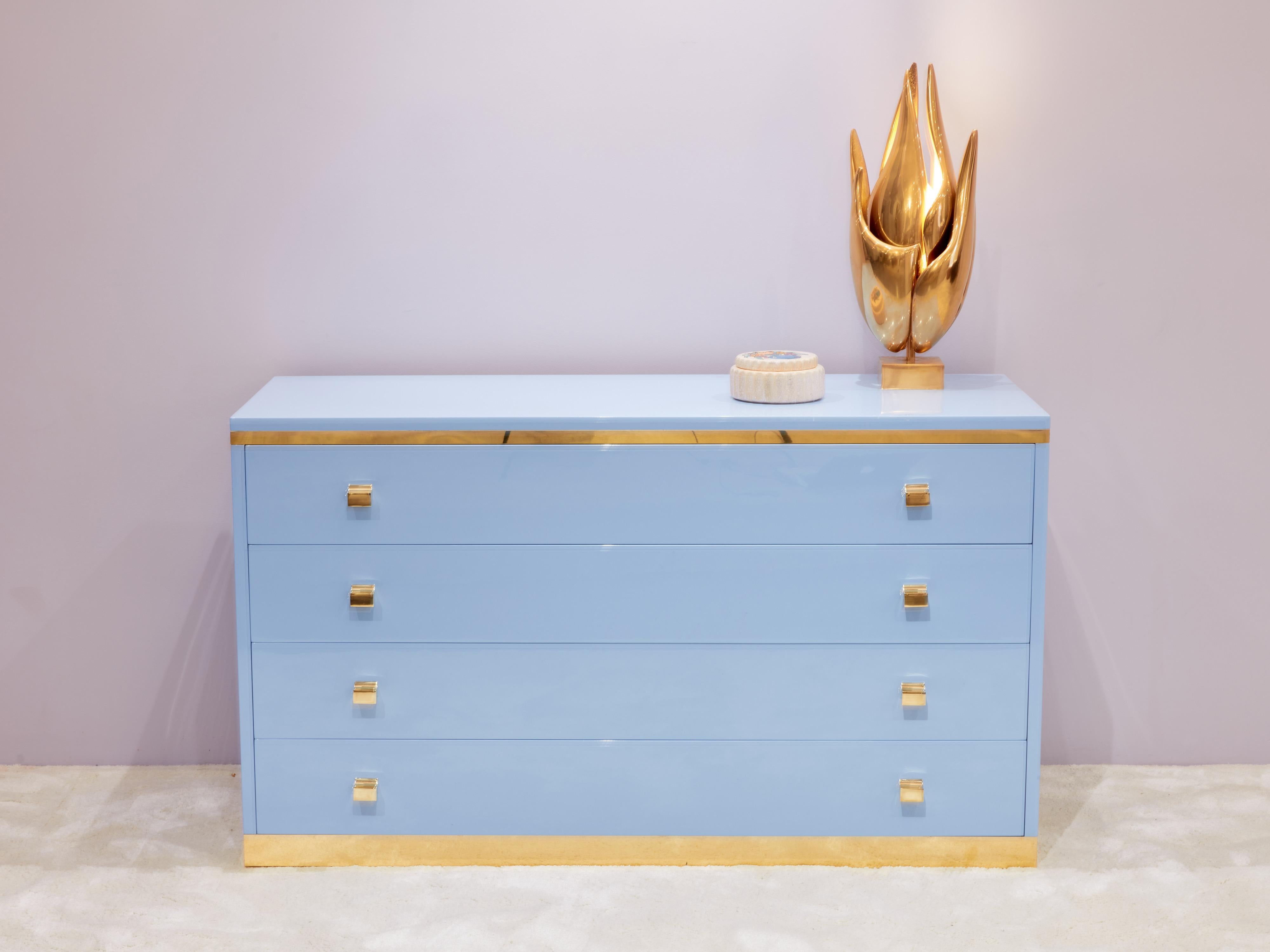 Willy Rizzo light blue lacquered and brass commode 1970s For Sale 2