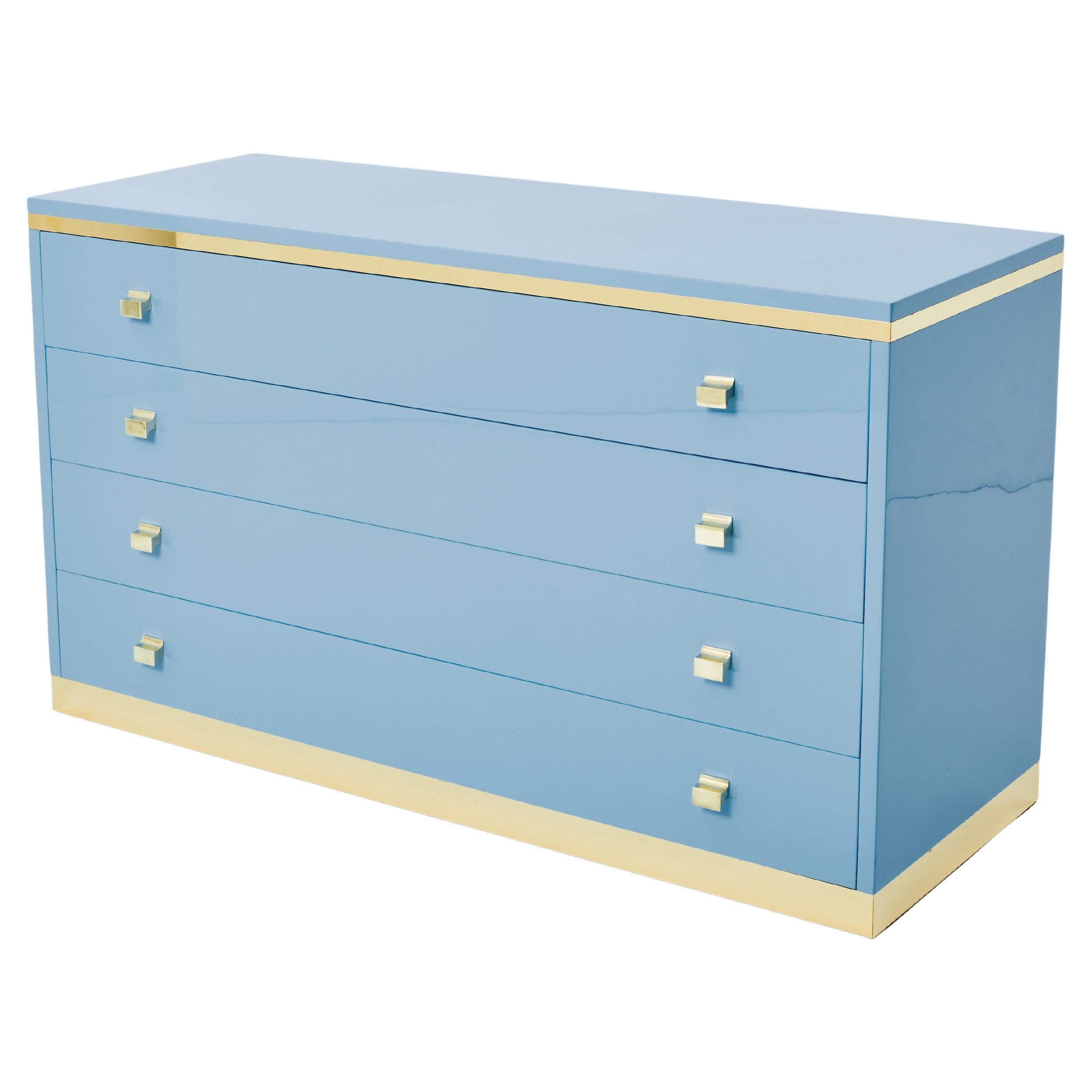 Willy Rizzo light blue lacquered and brass commode 1970s For Sale