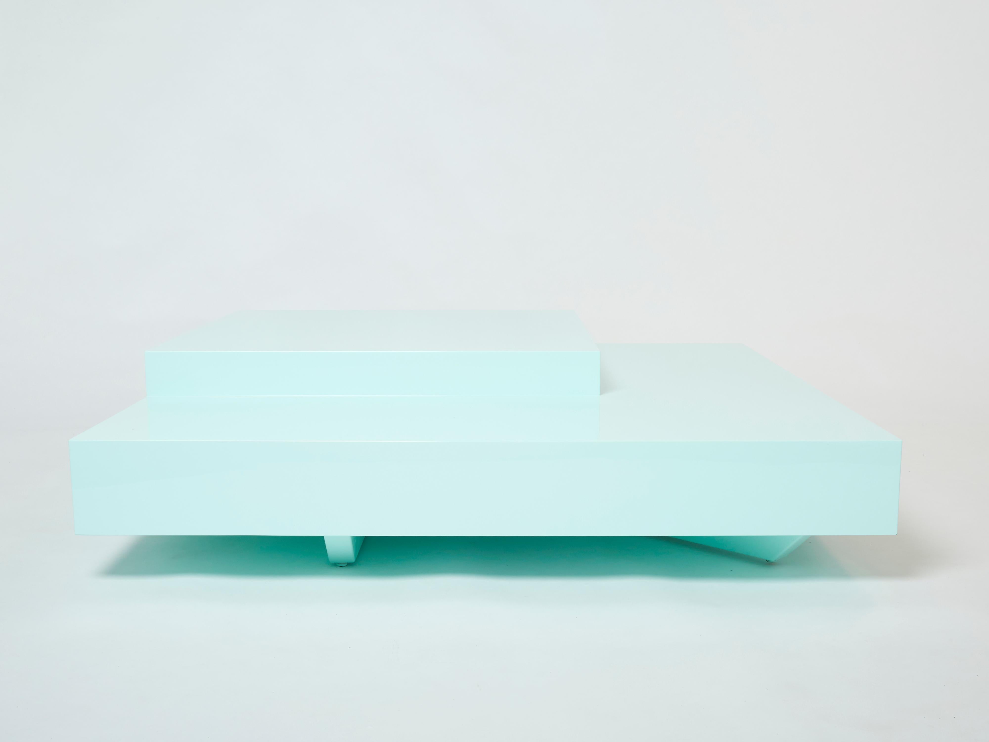 Mid-Century Modern Willy Rizzo Light Mint Green Lacquer Square Coffee Table 1970s For Sale