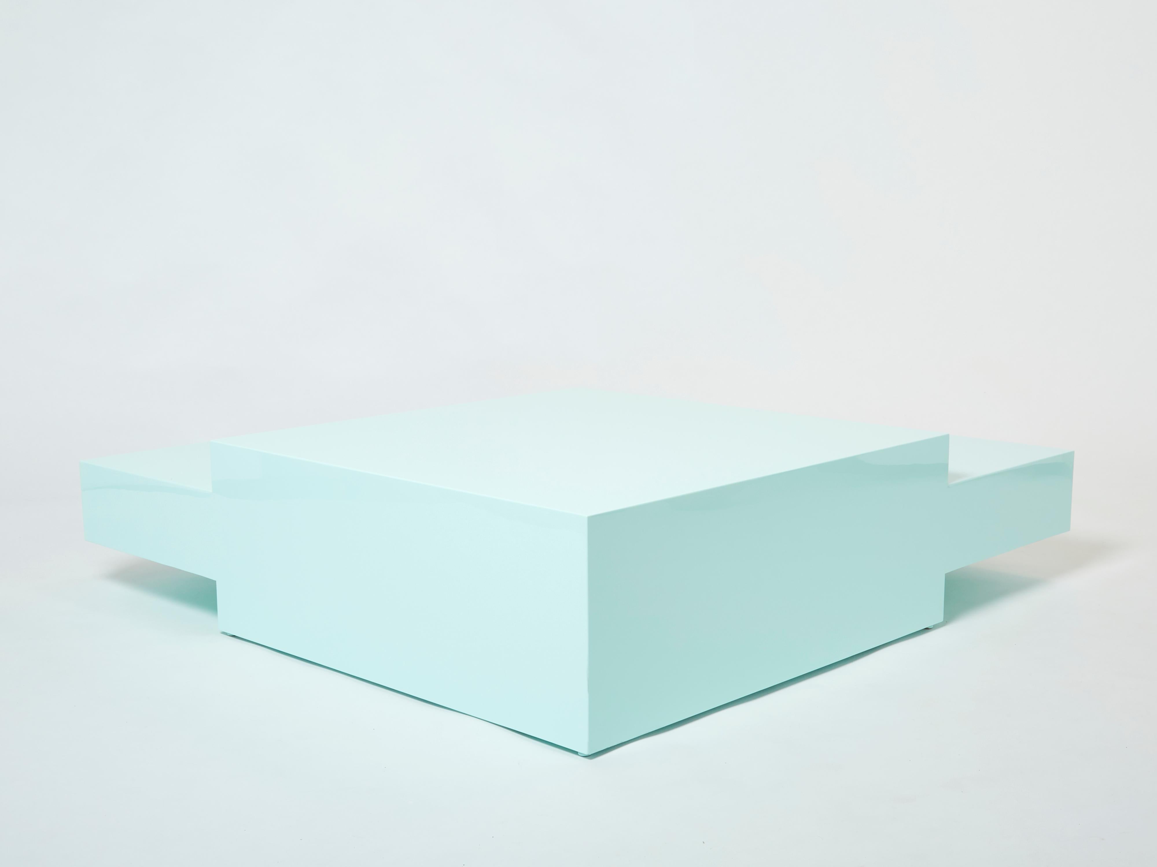 Italian Willy Rizzo Light Mint Green Lacquer Square Coffee Table 1970s For Sale