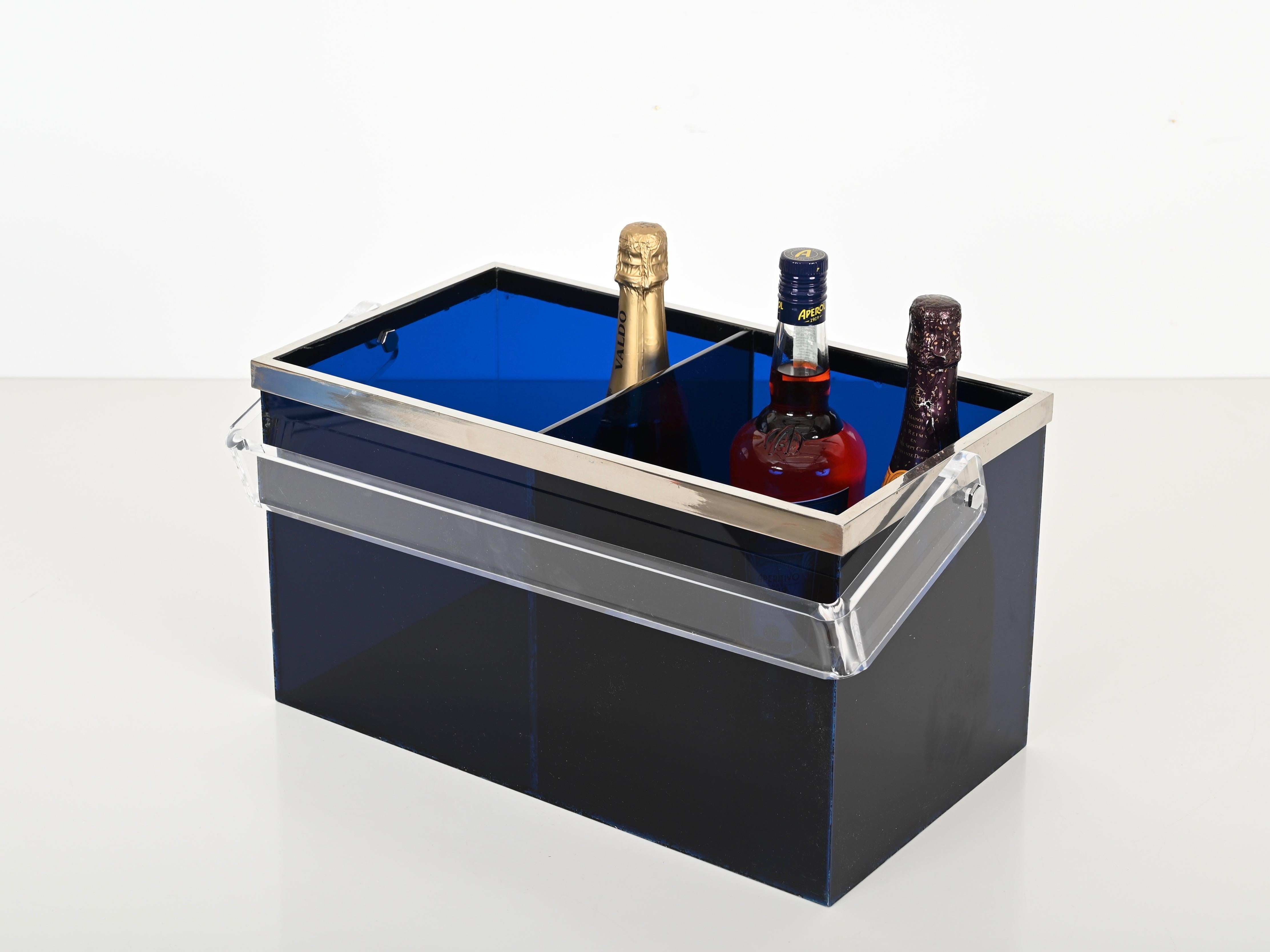 Italian Willy Rizzo Magazine or Bottle Rack in Blue Lucite and Chrome, Italy 1970s For Sale
