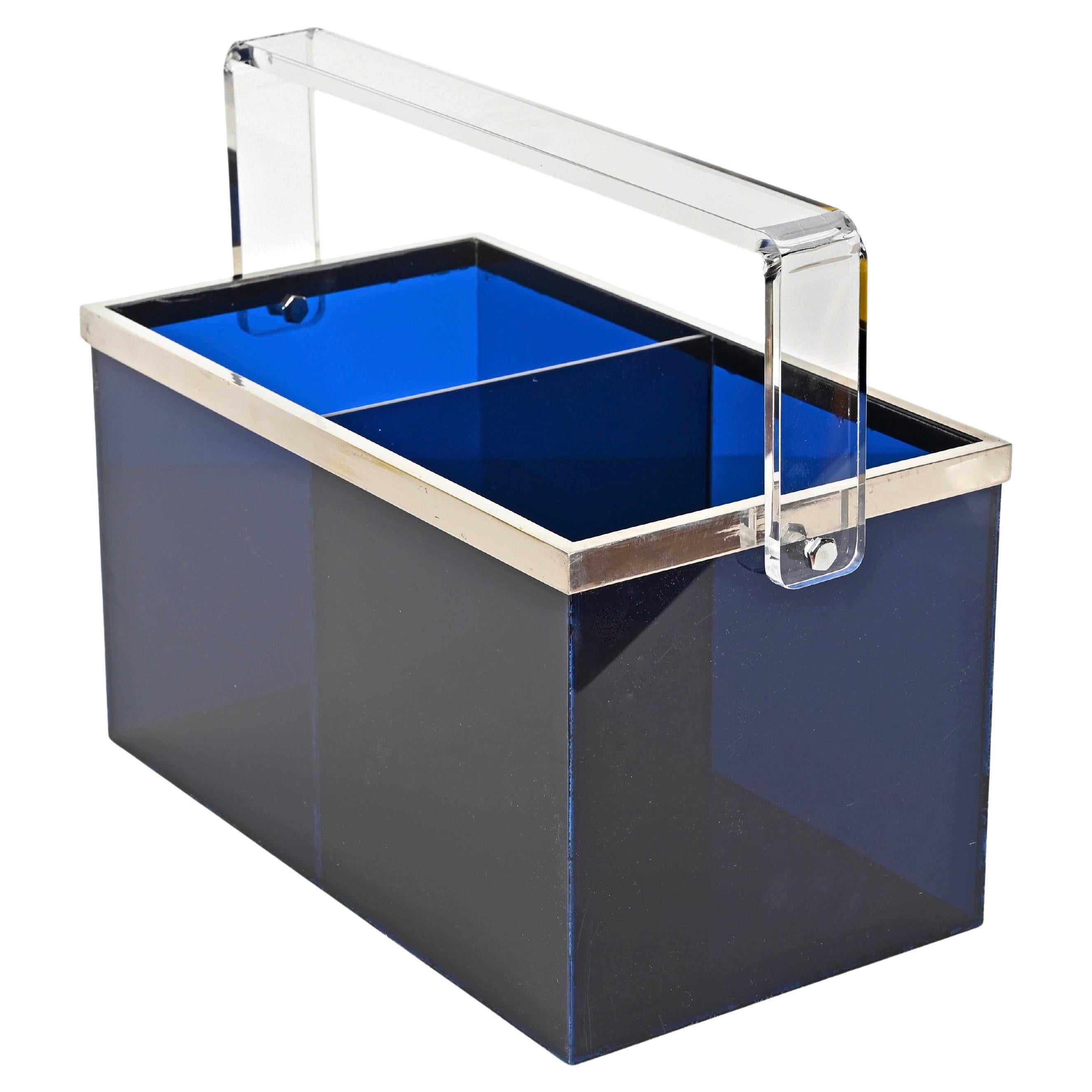 Willy Rizzo Magazine or Bottle Rack in Blue Lucite and Chrome, Italy 1970s For Sale