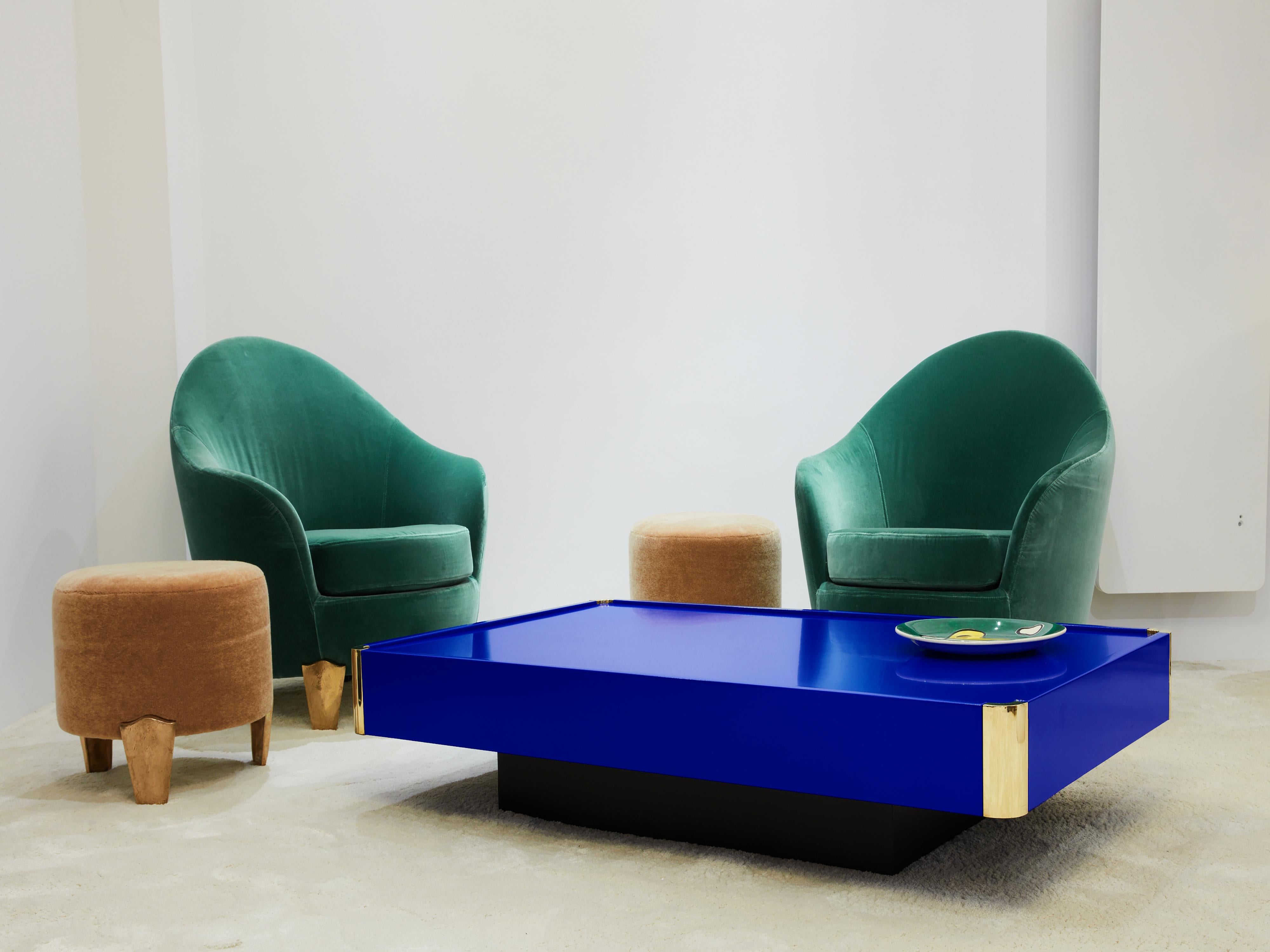 Brass Willy Rizzo attributed Majorelle blue lacquer and brass coffee table 1970s For Sale