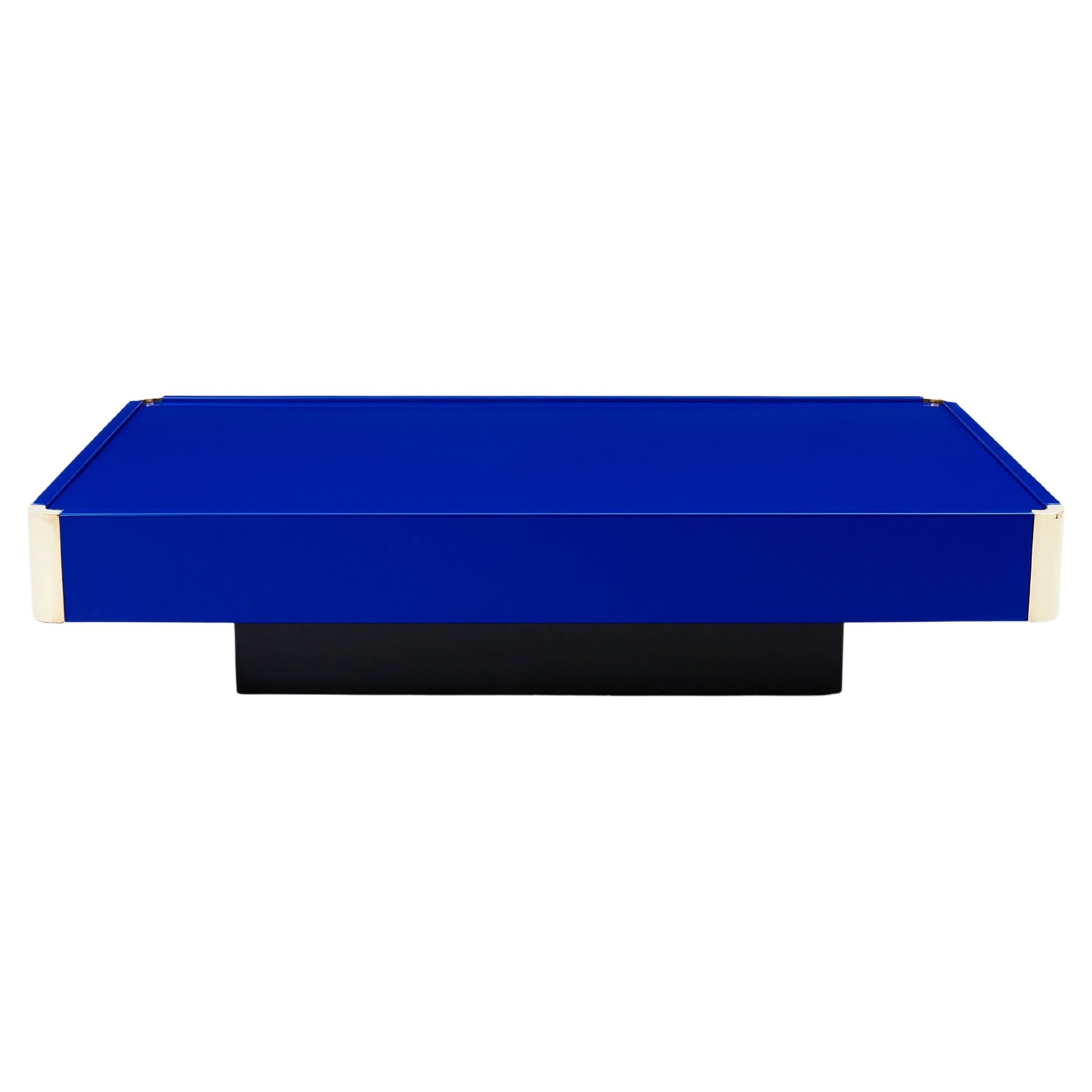 Mesa de centro Majorelle atribuida a Willy Rizzo laca azul y latón años 70 en venta
