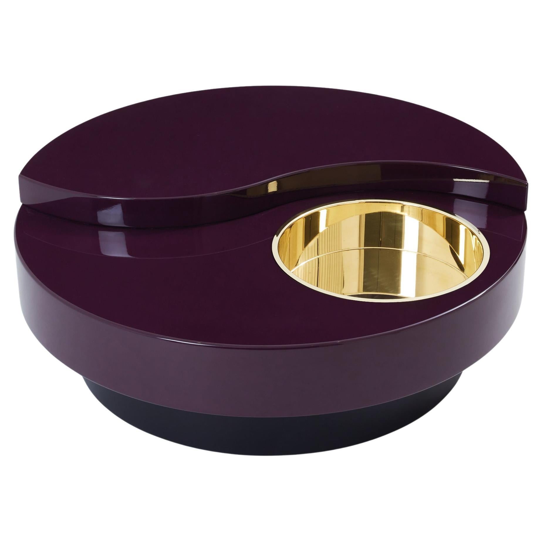 Willy Rizzo eggplant lacquer brass bar swivel coffee table TRG 1970s For Sale