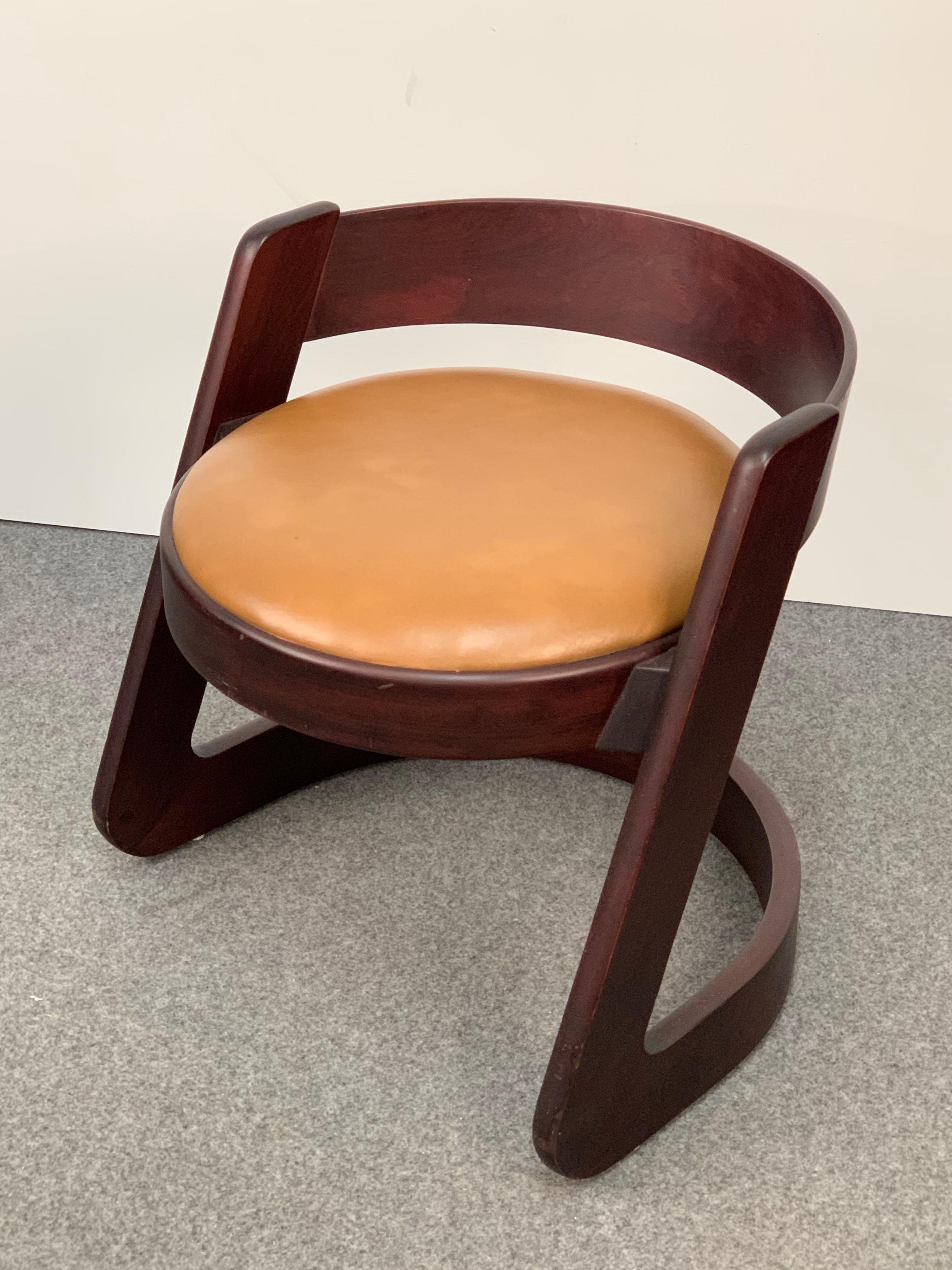 Willy Rizzo Midcentury Italian Chair Wood and Leather for Mario Sabot, 1970s 1