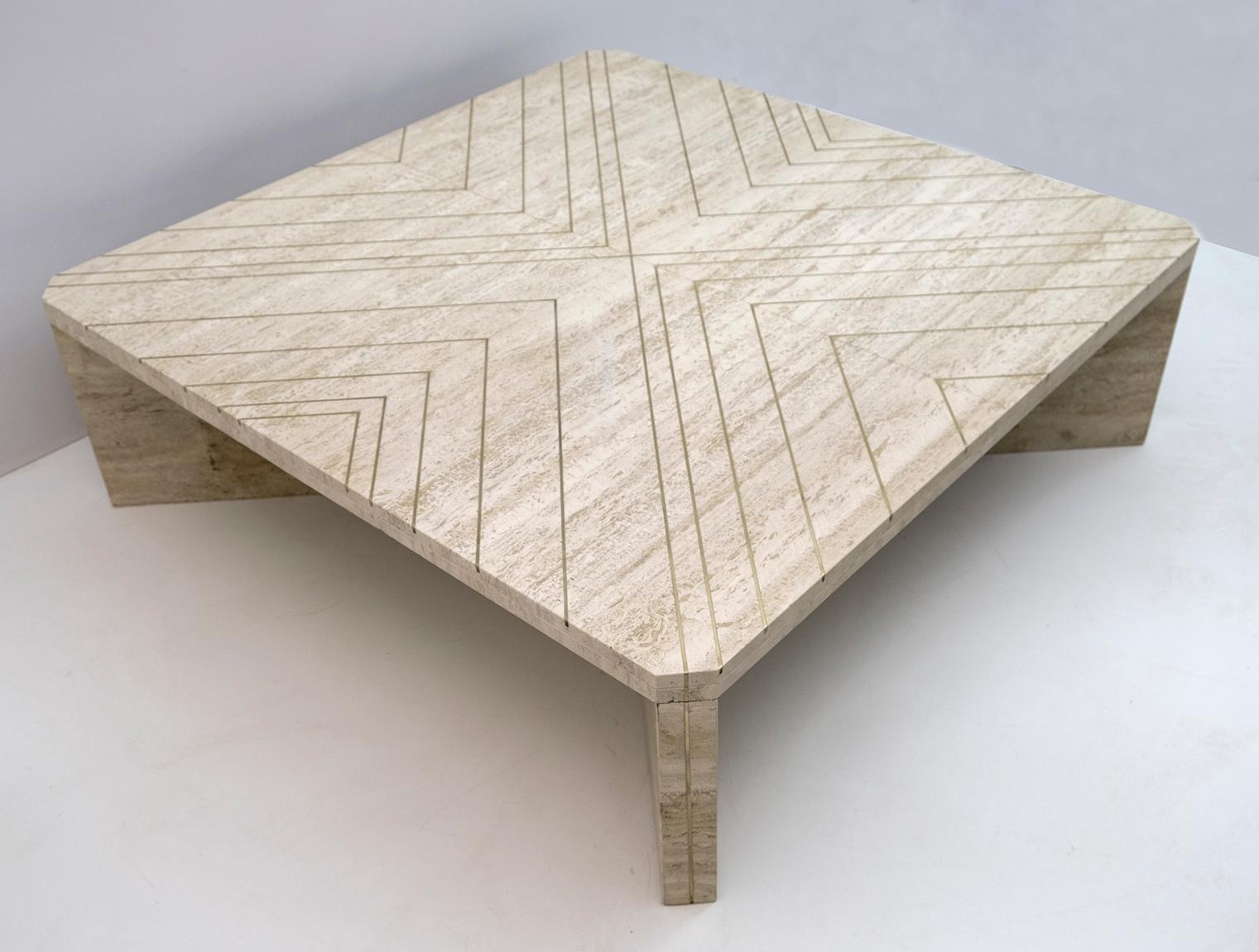 Willy Rizzo Mid-Century Italian Travertine Coffee Table with Brass Inlays, 1970s For Sale 1