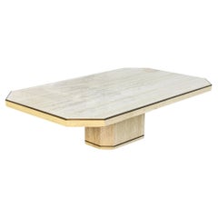 Willy Rizzo Mid-Century Italian Travertine Coffee Table with Brass Inlays, 1970s