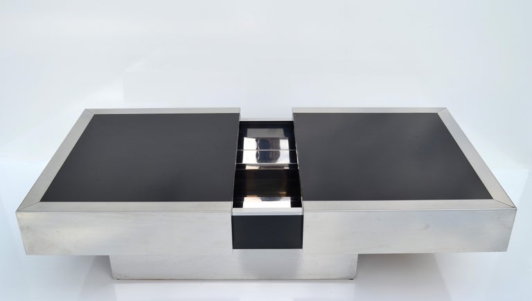 Mid-20th Century Willy Rizzo Mid-Century Modern Black Mirror Glass Cocktail Table Dry Bar Italy