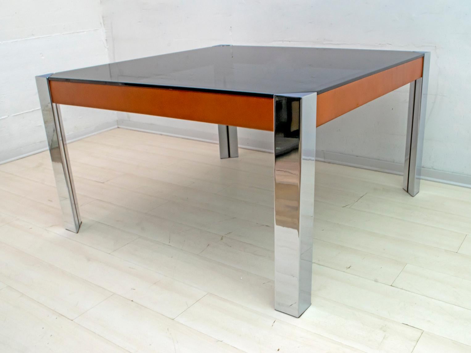 Willy Rizzo Style MidCentury Modern Italian Chrome and Leather Dining Table, 70s In Good Condition For Sale In Puglia, Puglia