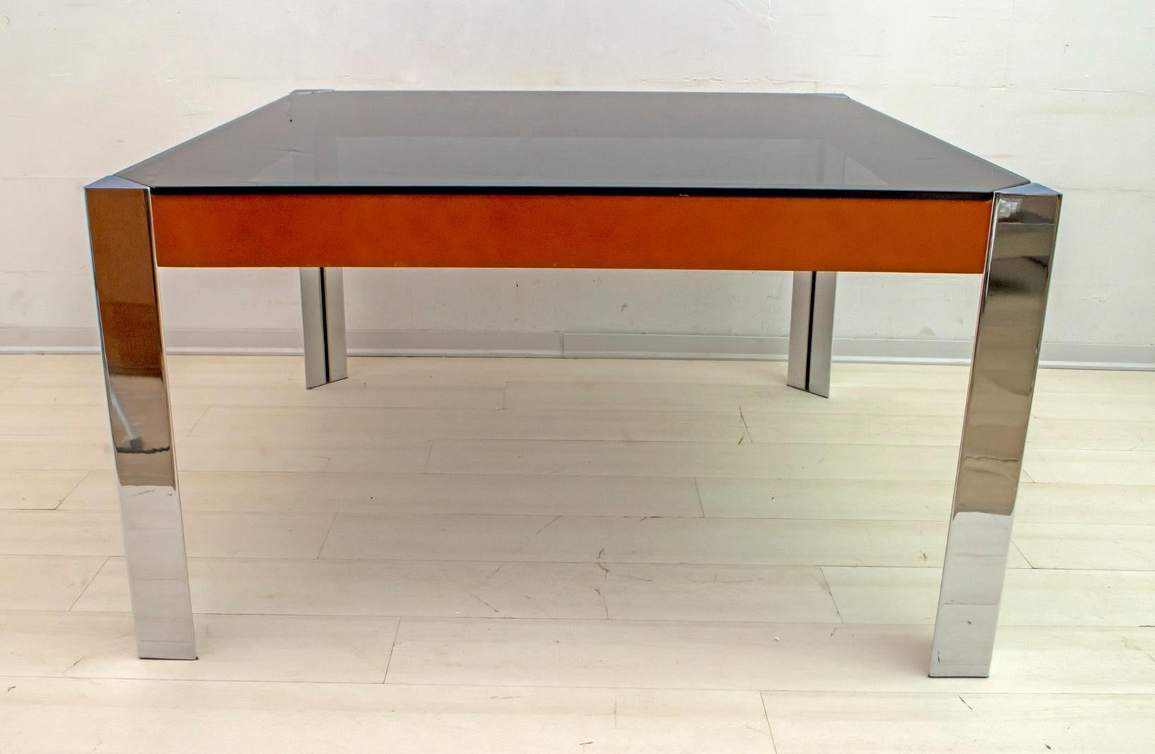 Willy Rizzo Mid-Century Modern Italian Chrome and Leather Dining Table, 1970s For Sale 1