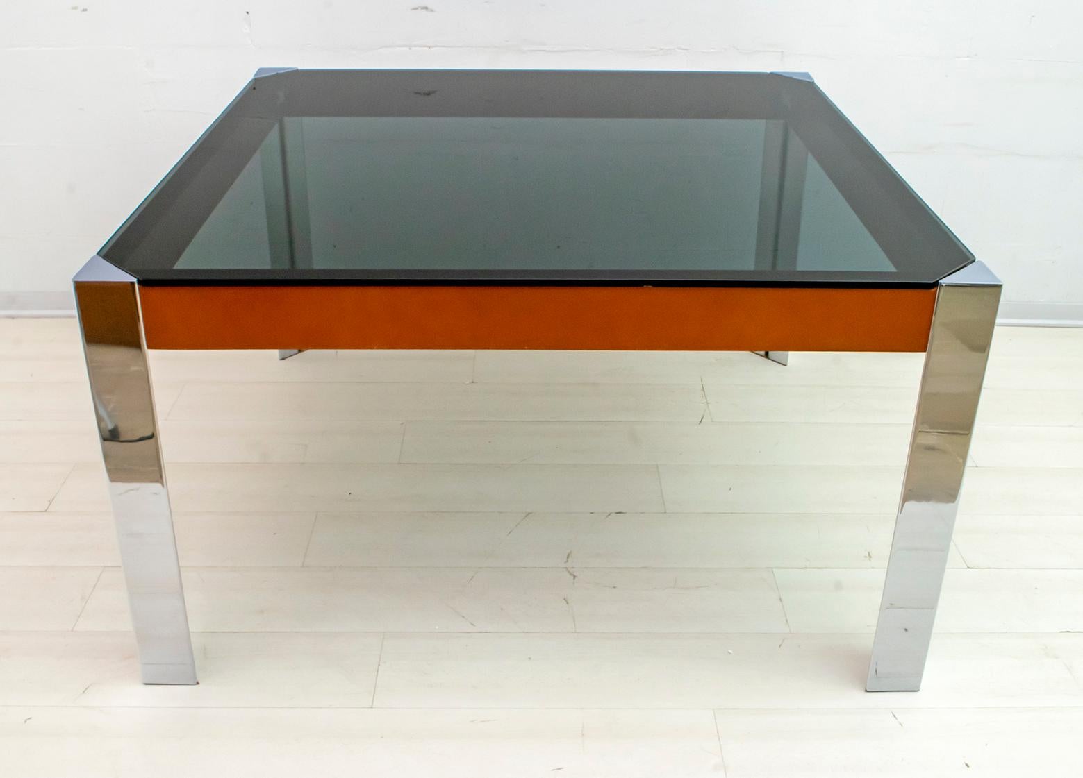 Willy Rizzo Style MidCentury Modern Italian Chrome and Leather Dining Table, 70s For Sale 1