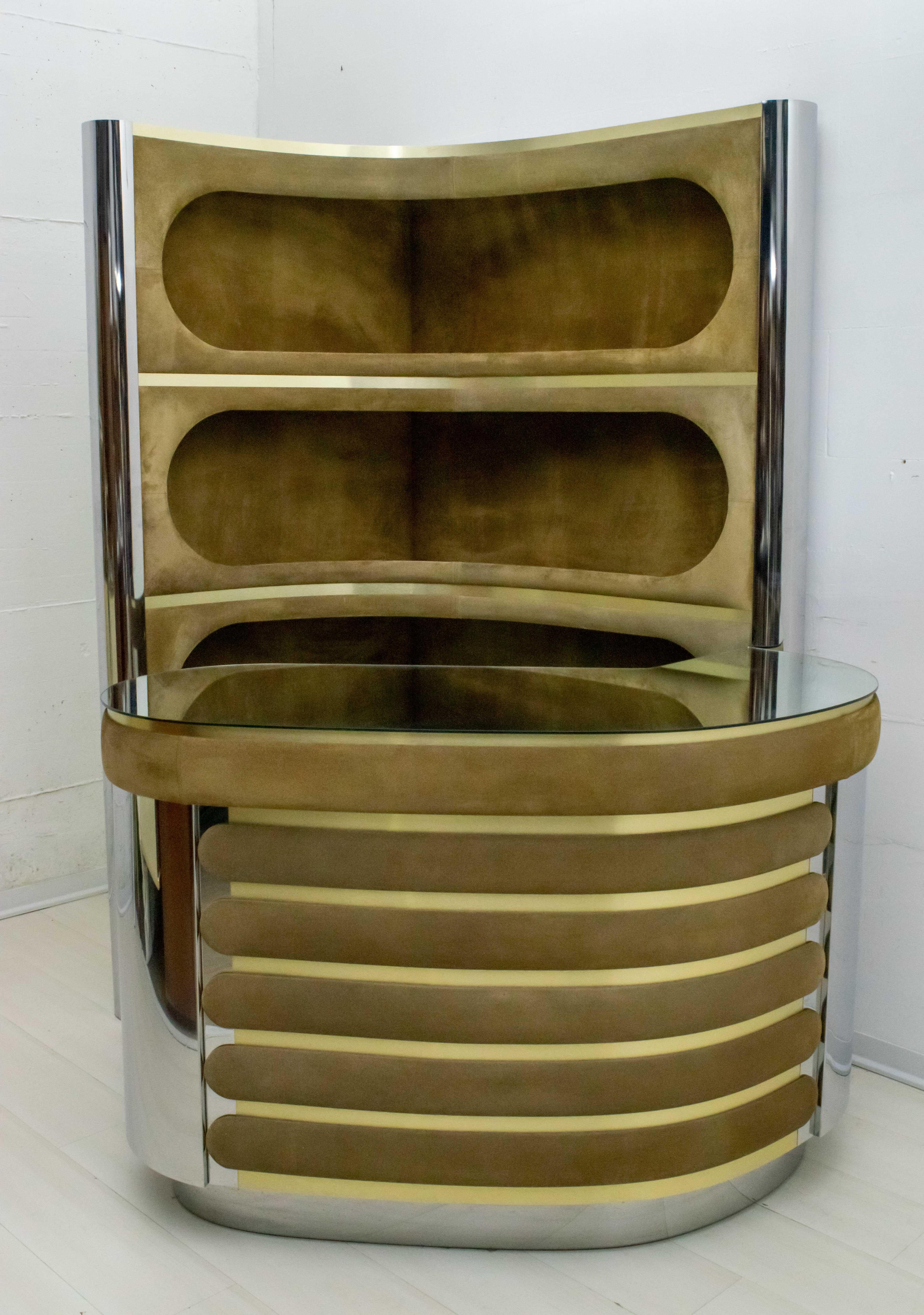 Willy Rizzo Mid-Century Modern Italian Suede and Steel Bar Cabinet, 1970s 7