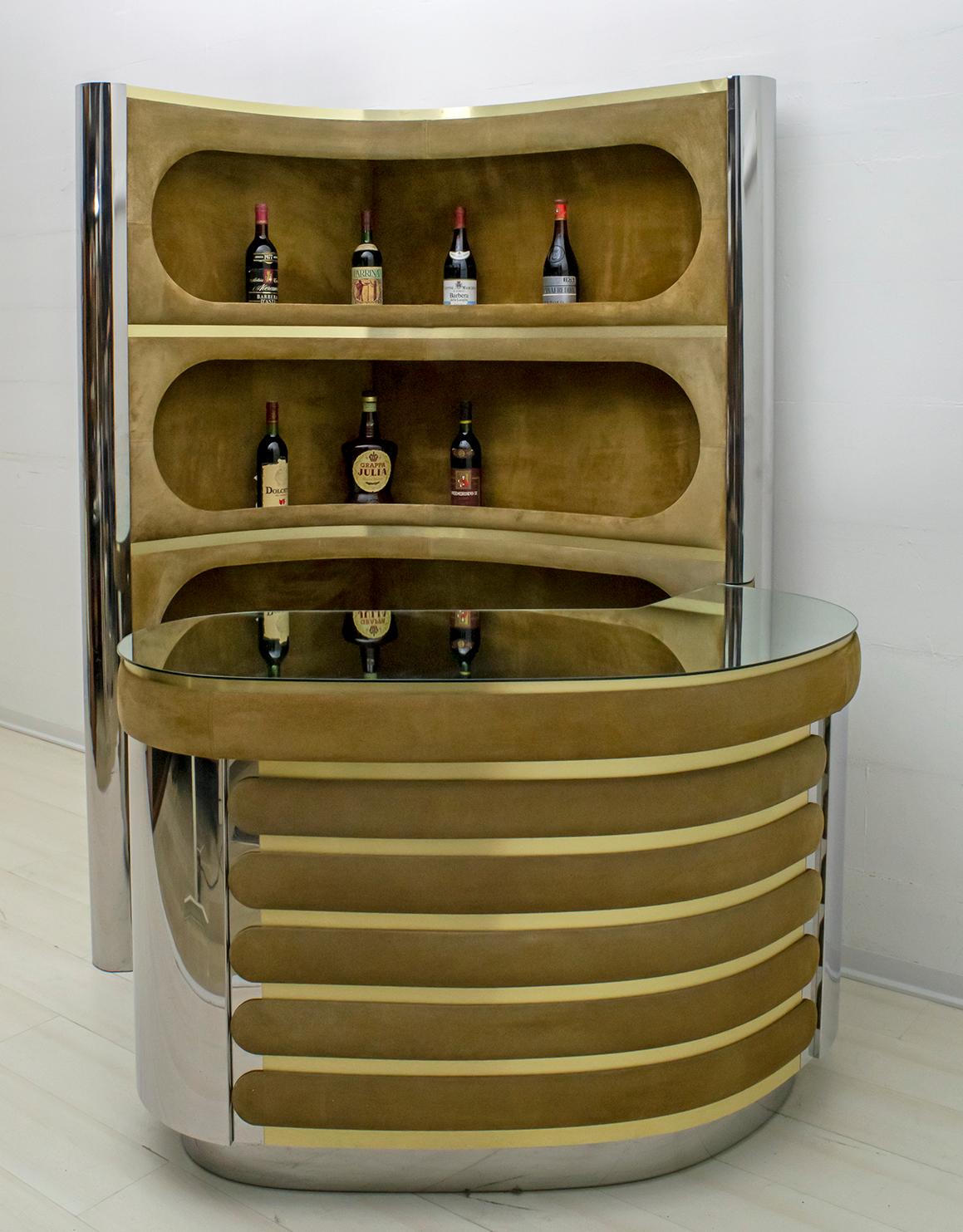 Willy Rizzo Mid-Century Modern Italian Suede and Steel Bar Cabinet, 1970s 11