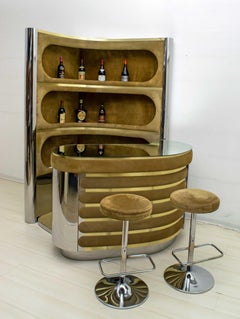 Willy Rizzo Mid-Century Modern Italian Suede and Steel Bar Cabinet, 1970s