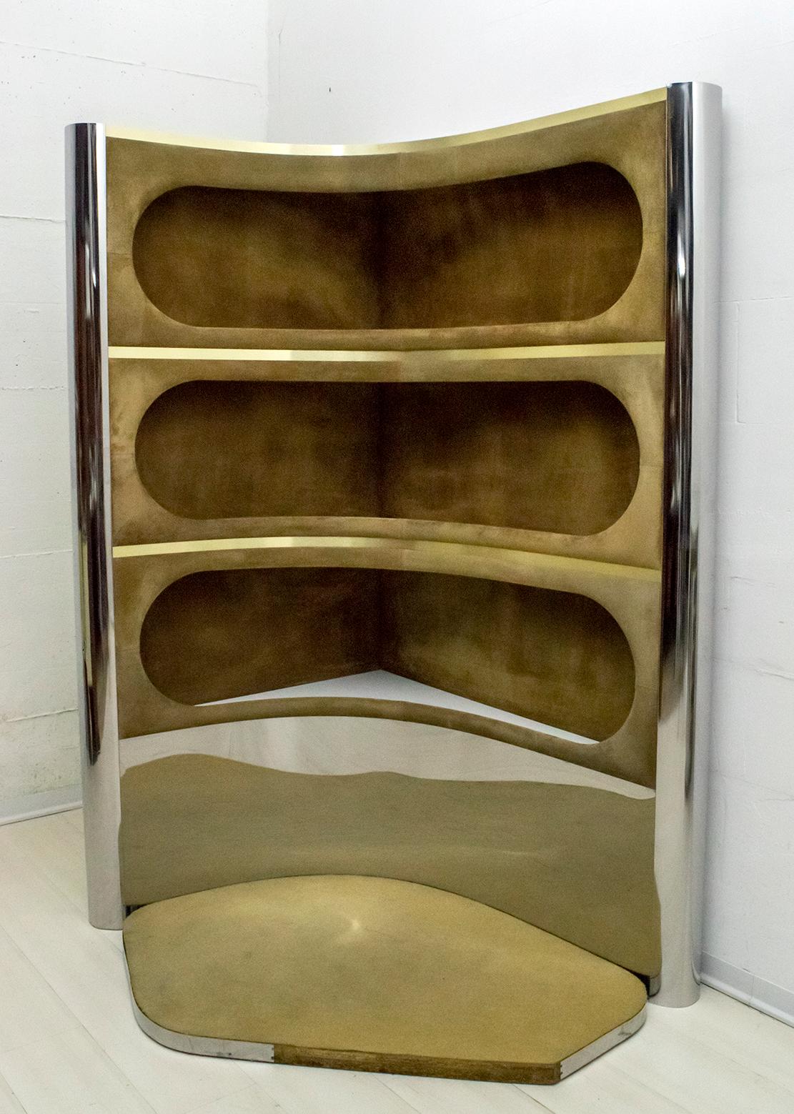 Willy Rizzo Mid-Century Modern Italian Suede and Steel Bar Cabinet, 1970s 15