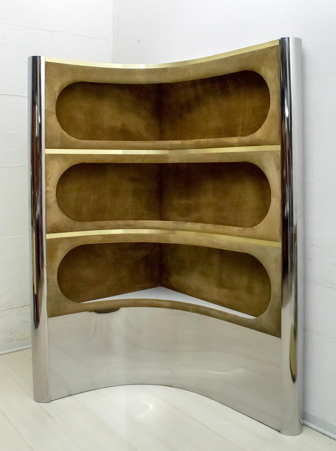 Willy Rizzo Mid-Century Modern Italian Suede and Steel Bar Cabinet, 1970s 4
