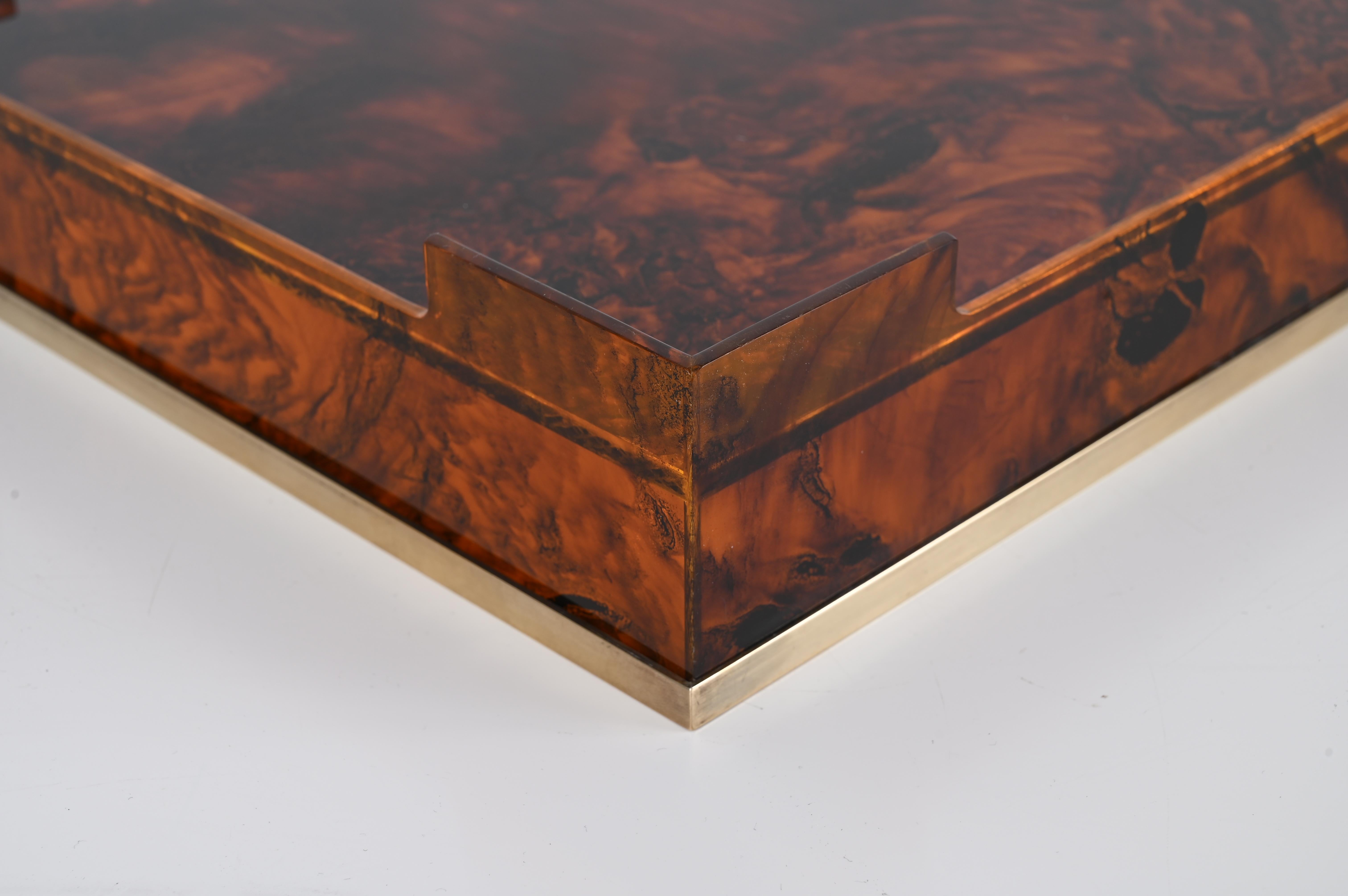 Willy Rizzo Mid-Century Tortoiseshell Lucite & Brass Italian Serving Tray 1970s For Sale 5