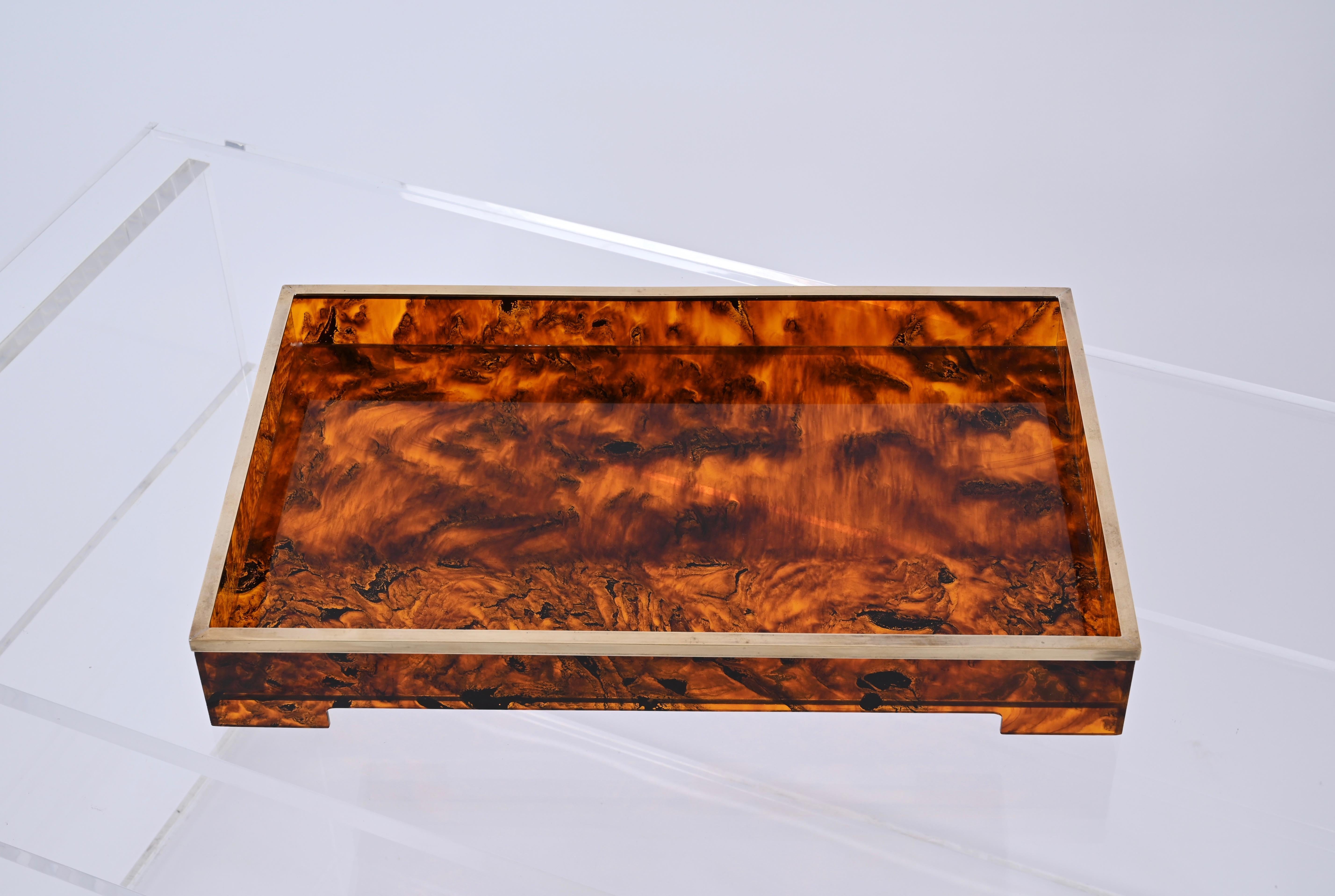 Willy Rizzo Mid-Century Tortoiseshell Lucite & Brass Italian Serving Tray 1970s For Sale 6