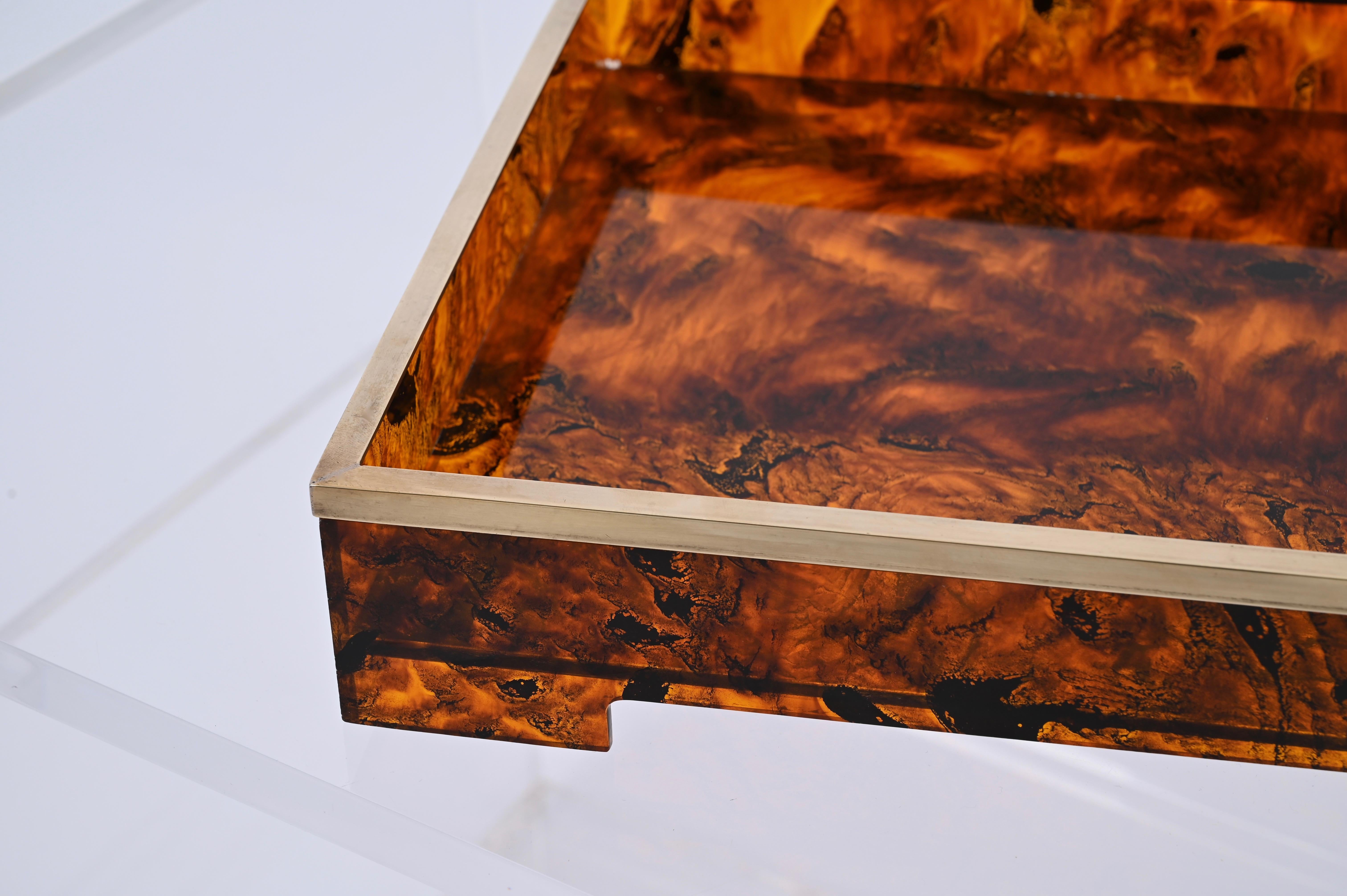 Willy Rizzo Mid-Century Tortoiseshell Lucite & Brass Italian Serving Tray 1970s For Sale 7