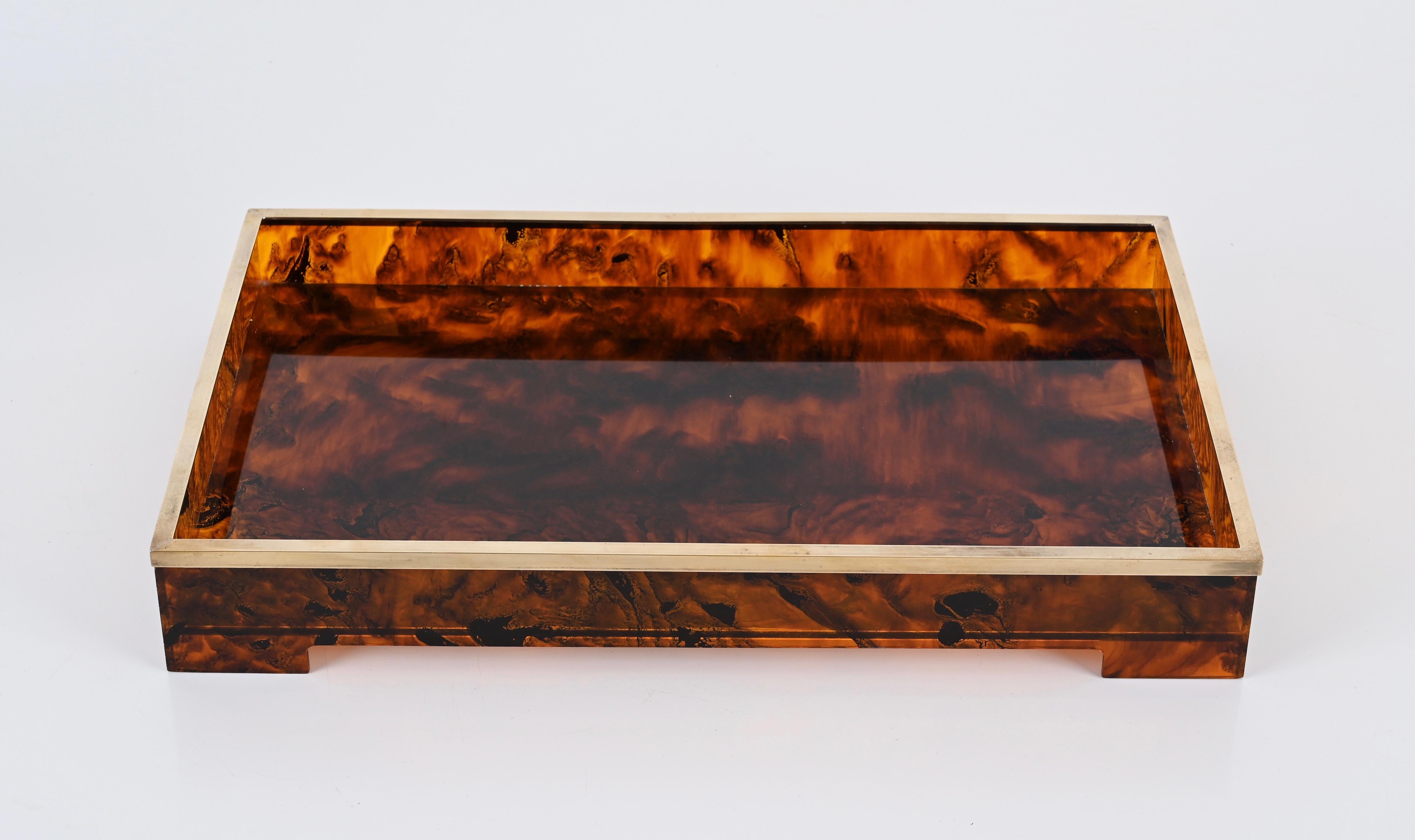 Willy Rizzo Mid-Century Tortoiseshell Lucite & Brass Italian Serving Tray 1970s For Sale 9