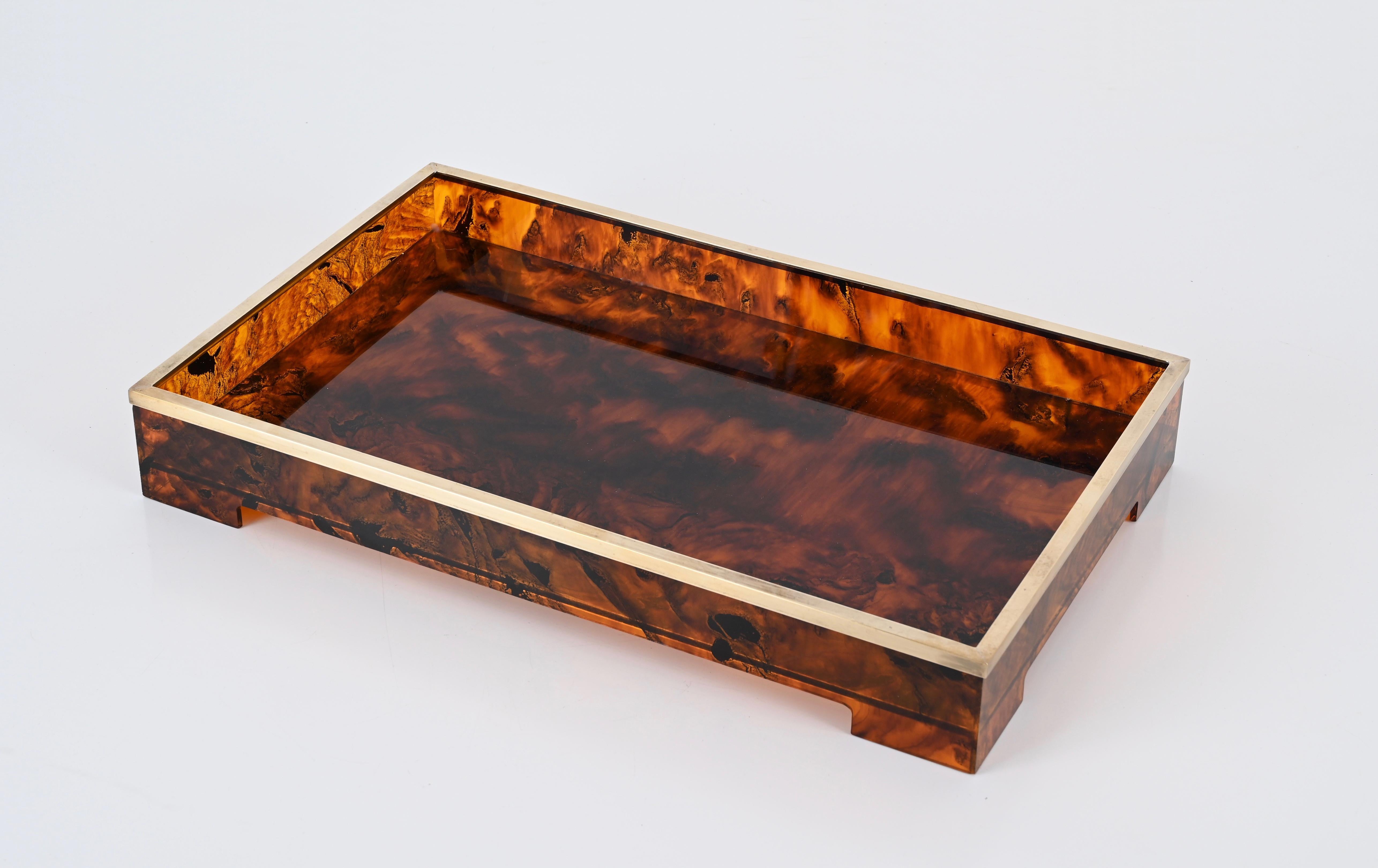 Willy Rizzo Mid-Century Tortoiseshell Lucite & Brass Italian Serving Tray 1970s For Sale 10