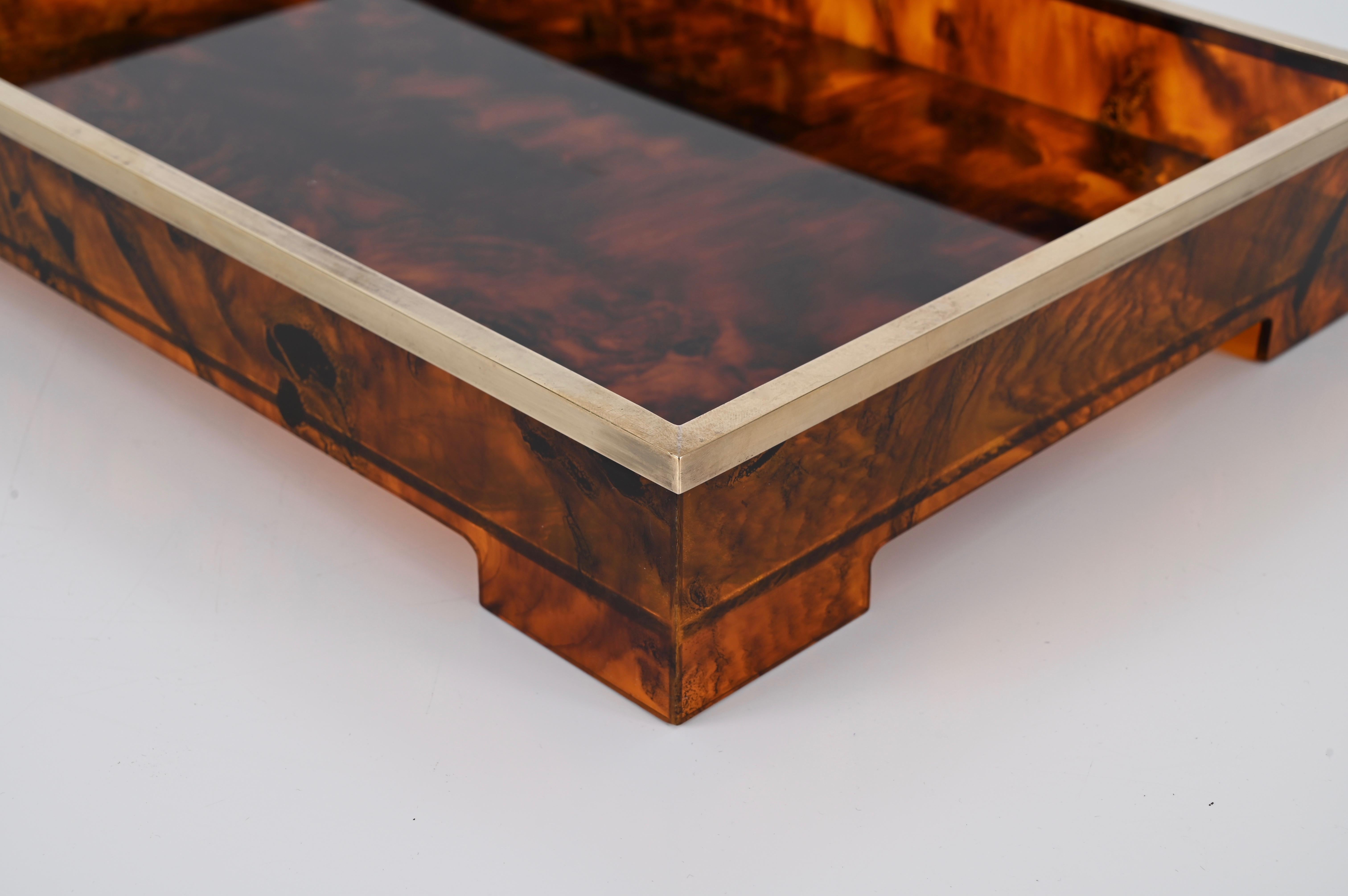Willy Rizzo Mid-Century Tortoiseshell Lucite & Brass Italian Serving Tray 1970s For Sale 11