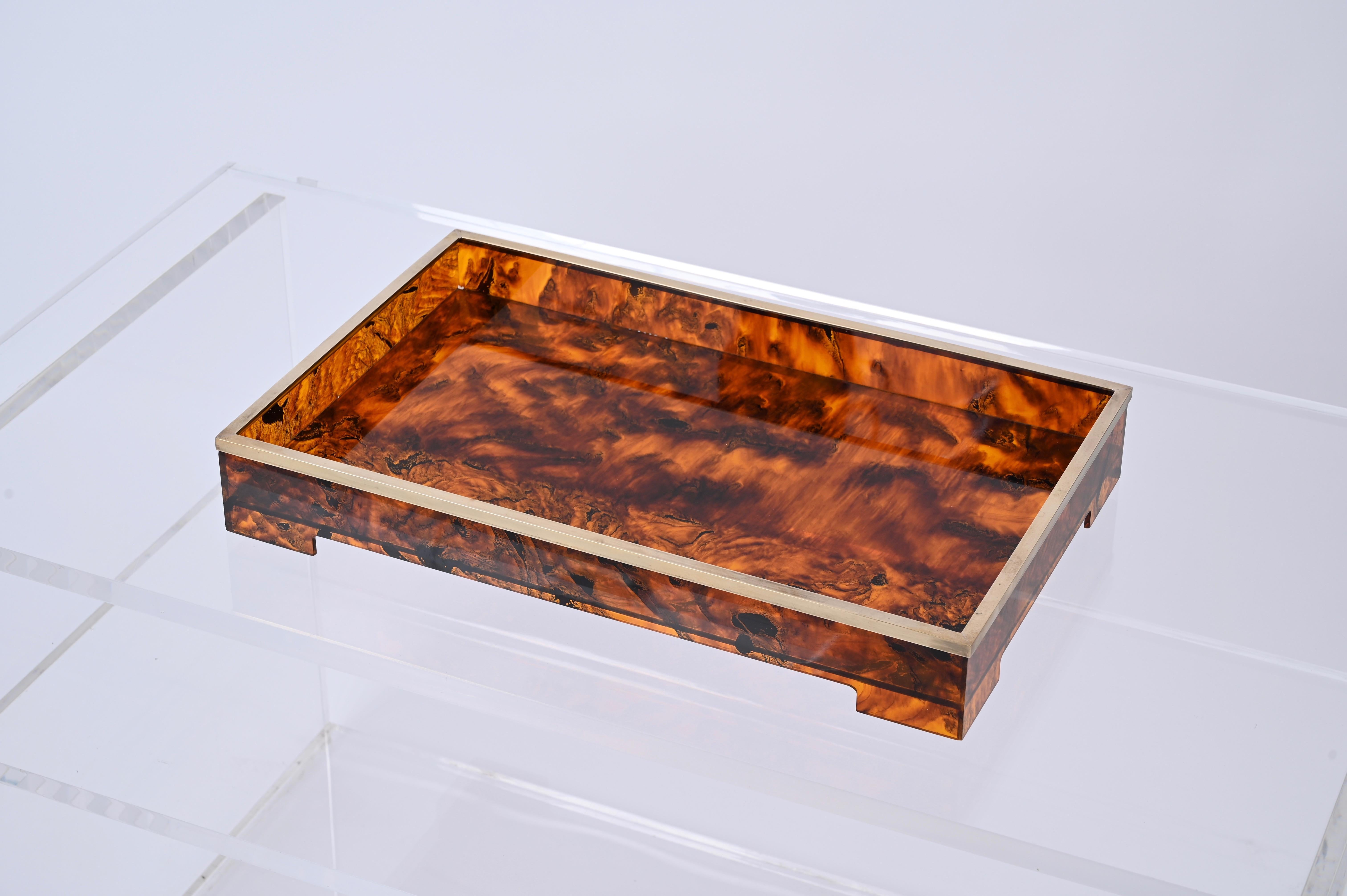 Mid-Century Modern Willy Rizzo Mid-Century Tortoiseshell Lucite & Brass Italian Serving Tray 1970s For Sale
