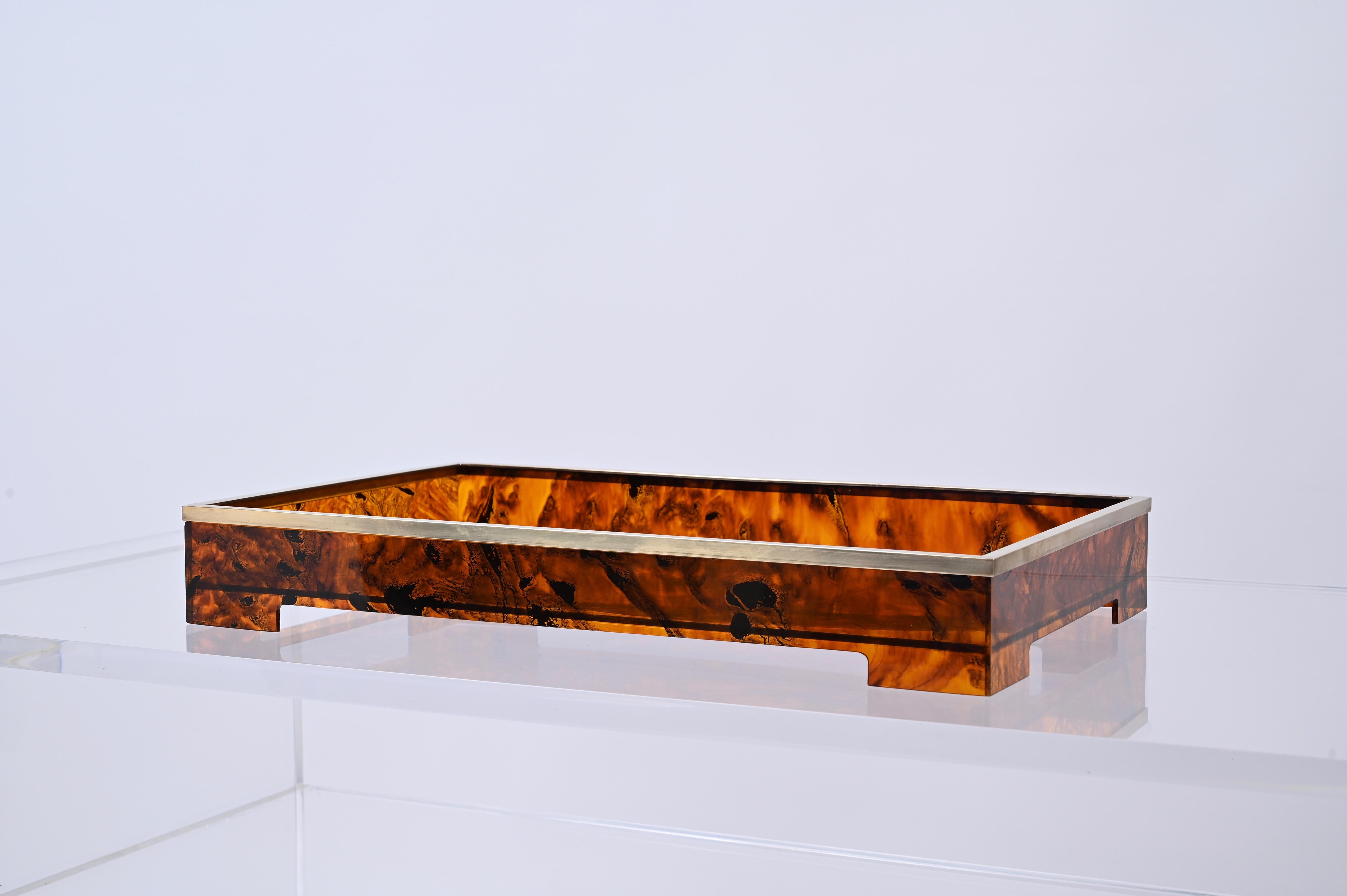 Willy Rizzo Mid-Century Tortoiseshell Lucite & Brass Italian Serving Tray 1970s In Good Condition In Roma, IT