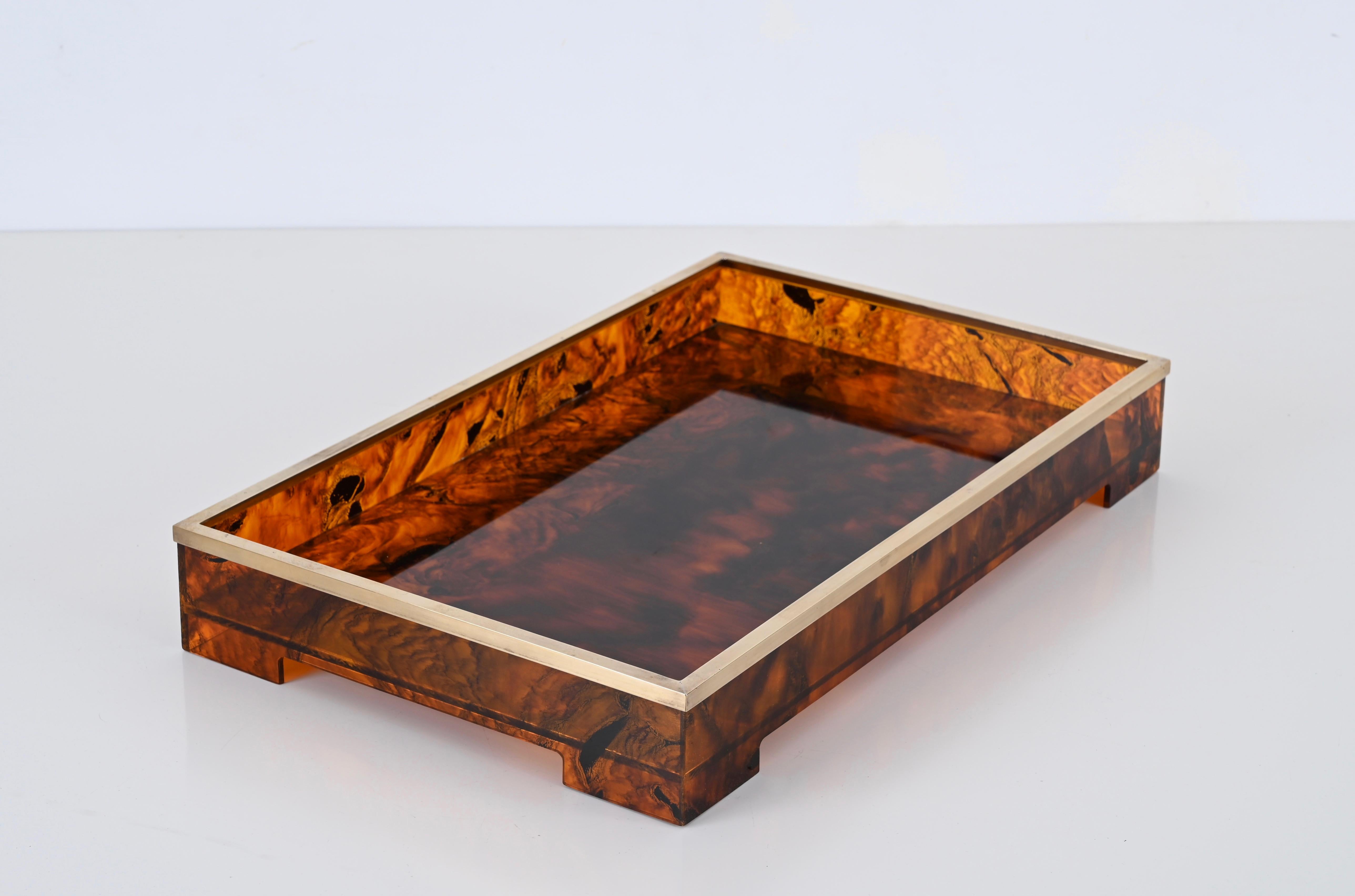 20th Century Willy Rizzo Mid-Century Tortoiseshell Lucite & Brass Italian Serving Tray 1970s For Sale