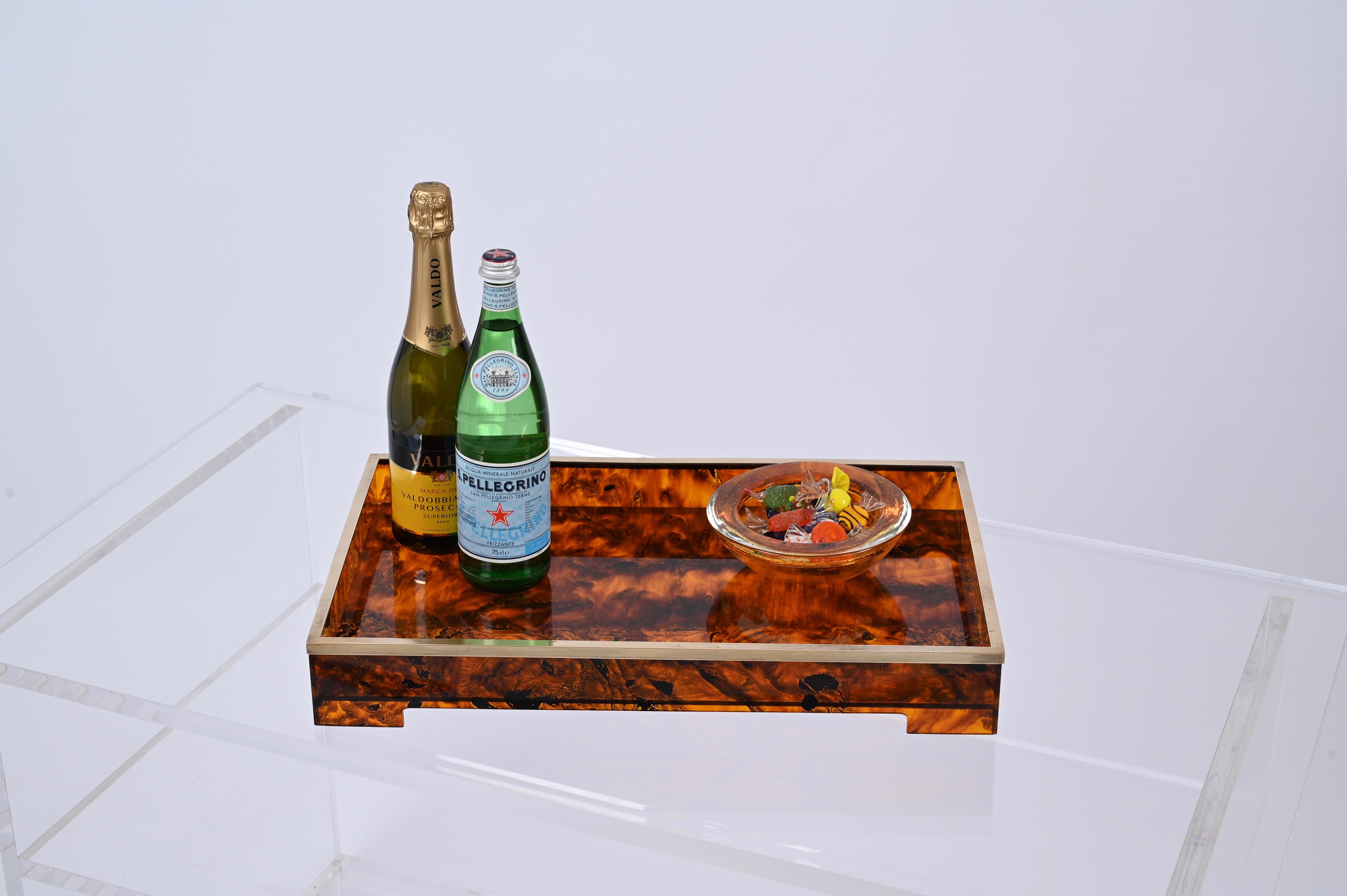 Willy Rizzo Mid-Century Tortoiseshell Lucite & Brass Italian Serving Tray 1970s For Sale 2