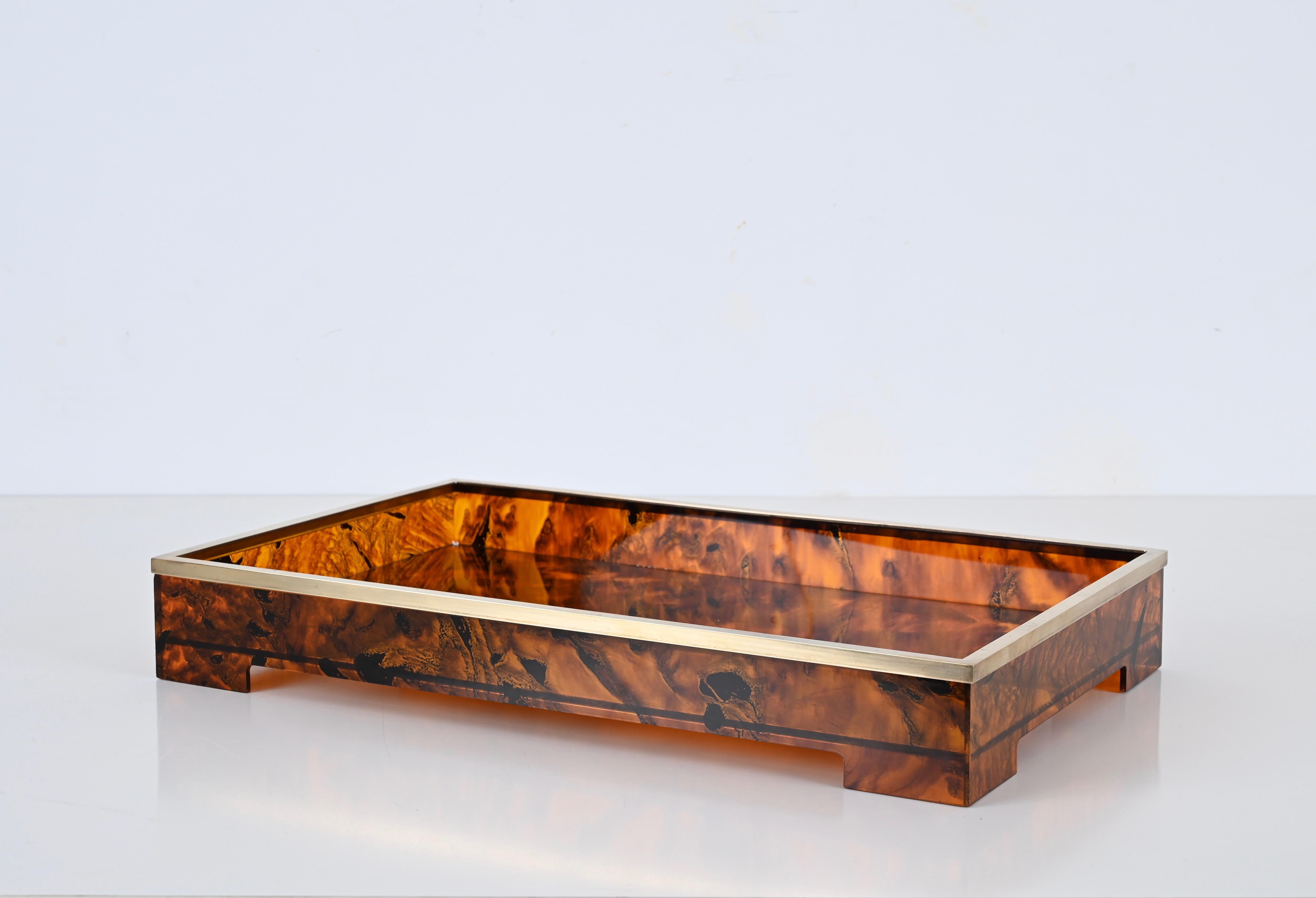 Willy Rizzo Mid-Century Tortoiseshell Lucite & Brass Italian Serving Tray 1970s For Sale 3