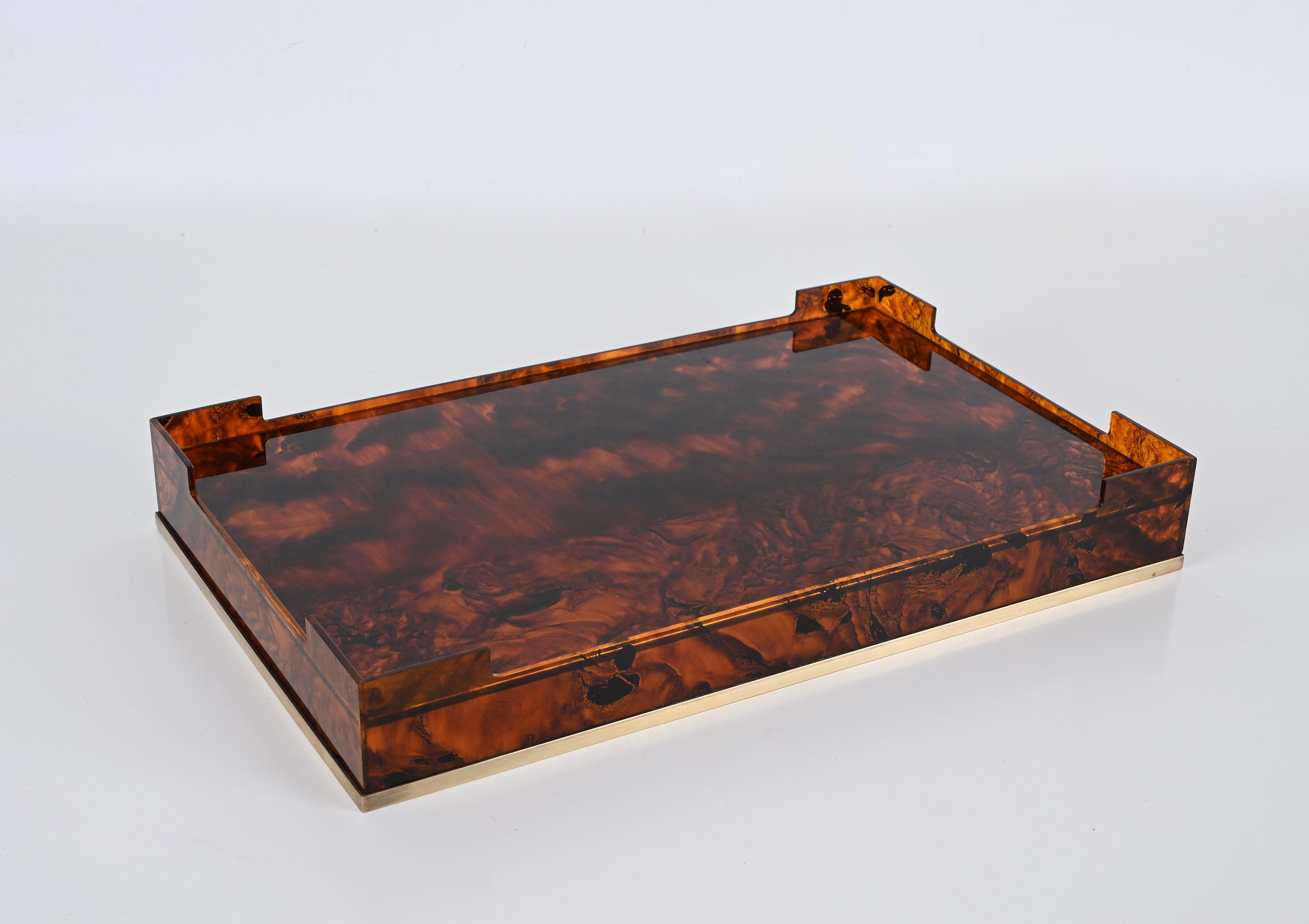 Willy Rizzo Mid-Century Tortoiseshell Lucite & Brass Italian Serving Tray 1970s For Sale 4