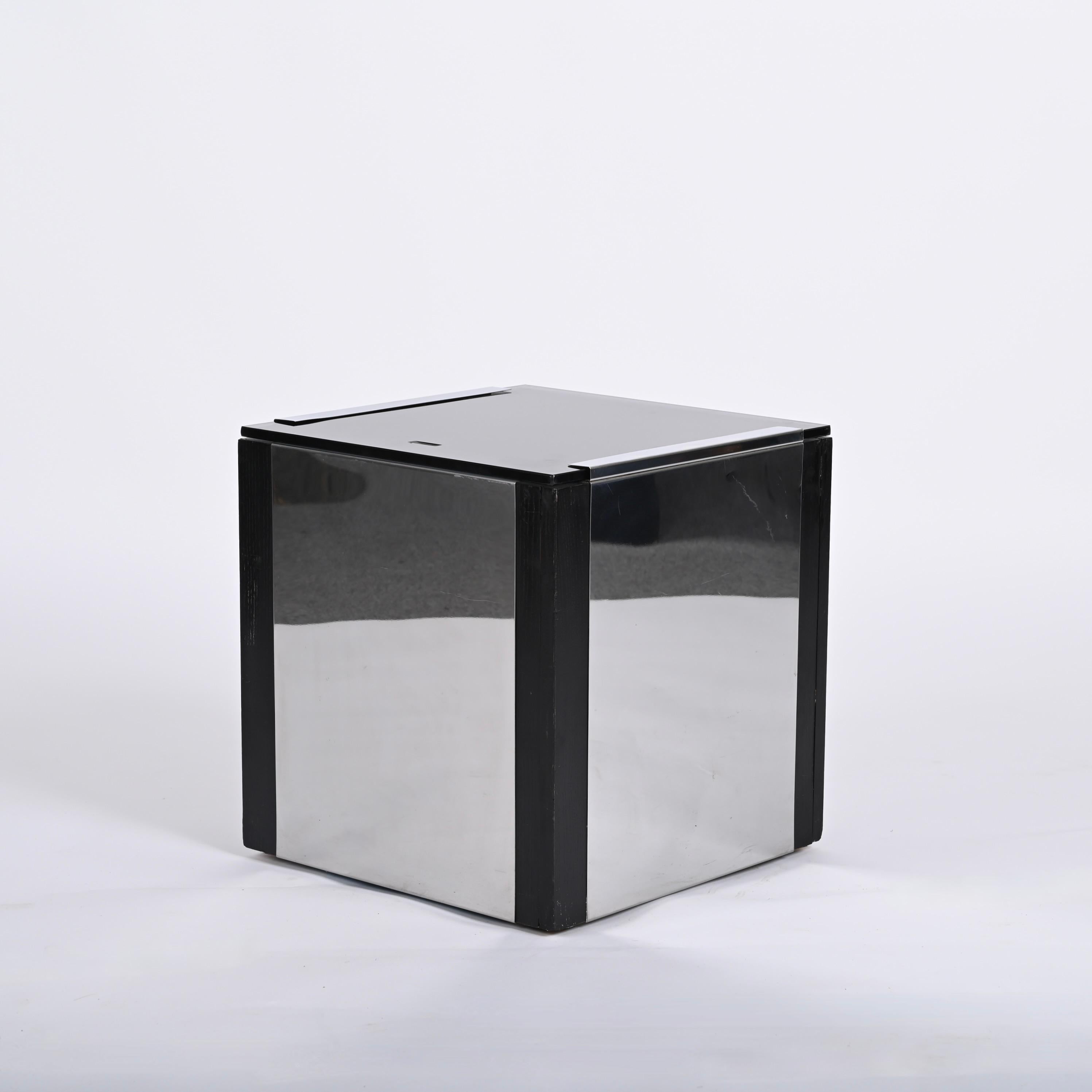 Willy Rizzo Midcentury Cubic Chromed Steel, Wood and Glass Dry Bar, Italy 1970s For Sale 5