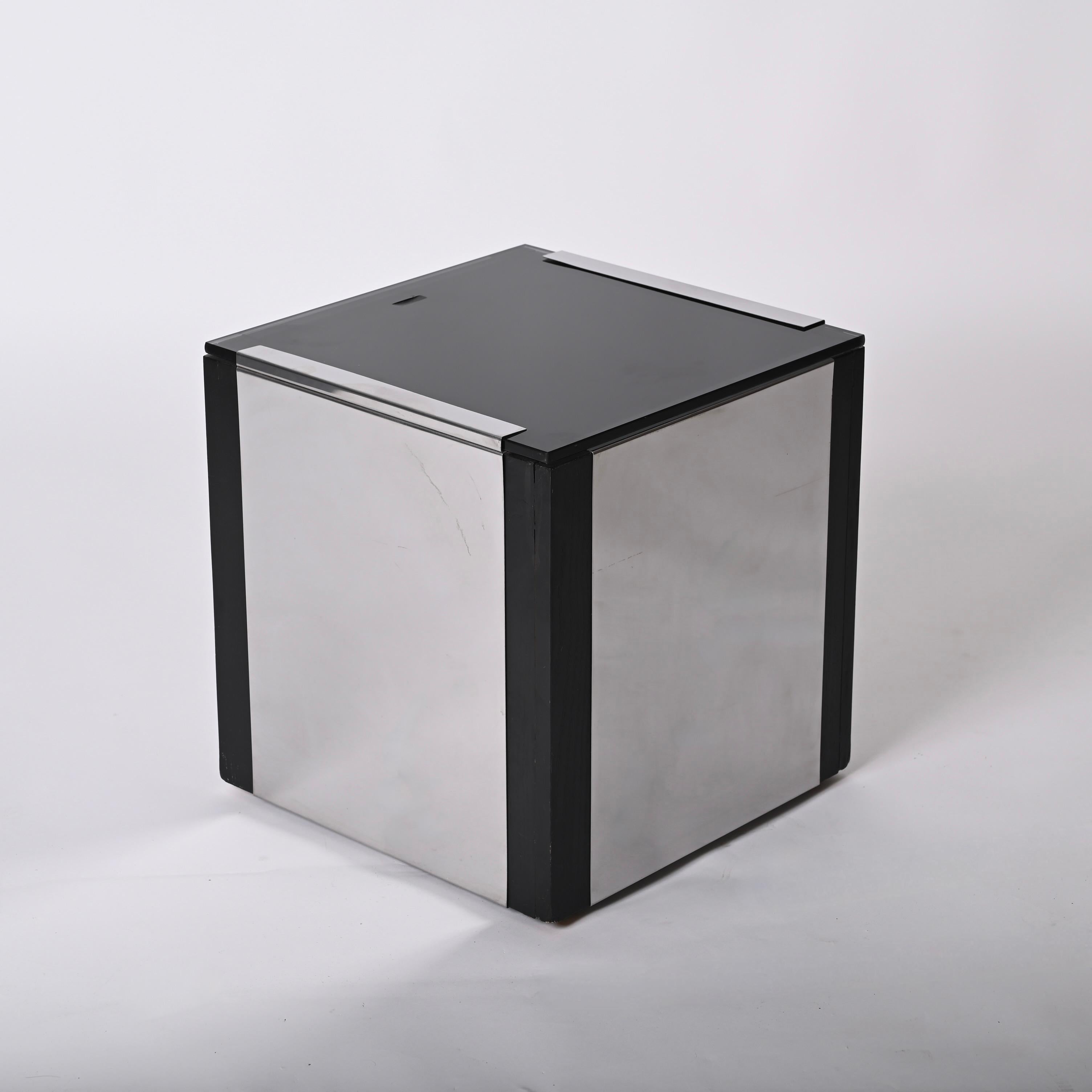Willy Rizzo Midcentury Cubic Chromed Steel, Wood and Glass Dry Bar, Italy 1970s For Sale 8