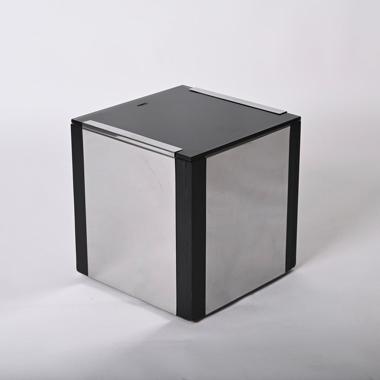 Willy Rizzo Midcentury Cubic Chromed Steel, Wood and Glass Dry Bar, Italy 1970s For Sale 7